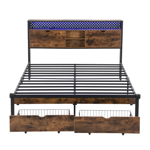 Full Size Metal Platform Bed Frame with Wooden Headboard and with Footboard USB,Charging Station,2 Drawers,storage, LED Lights, No Box Spring Needed, Easy Assemble、、casual