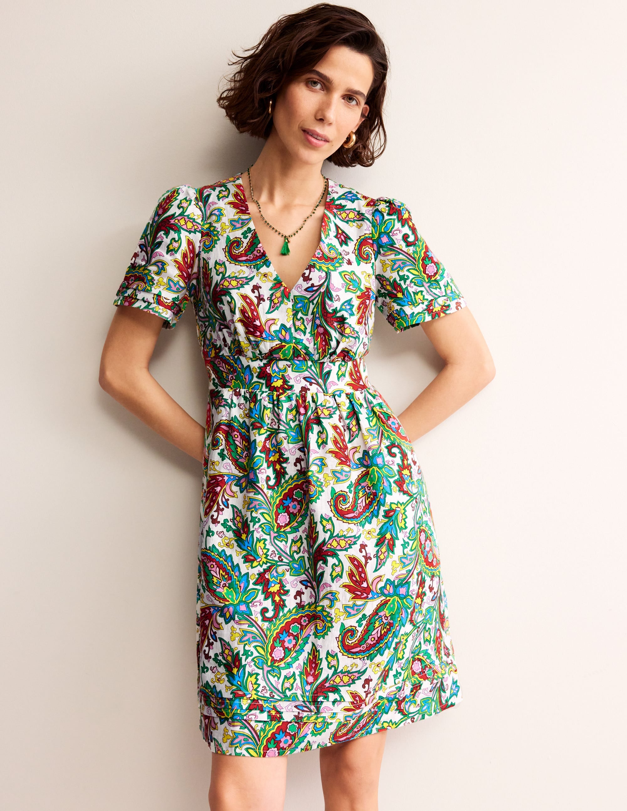  Eve Linen Short Dress-Ivory, Paisley Azure、mySite、ashleygrahame