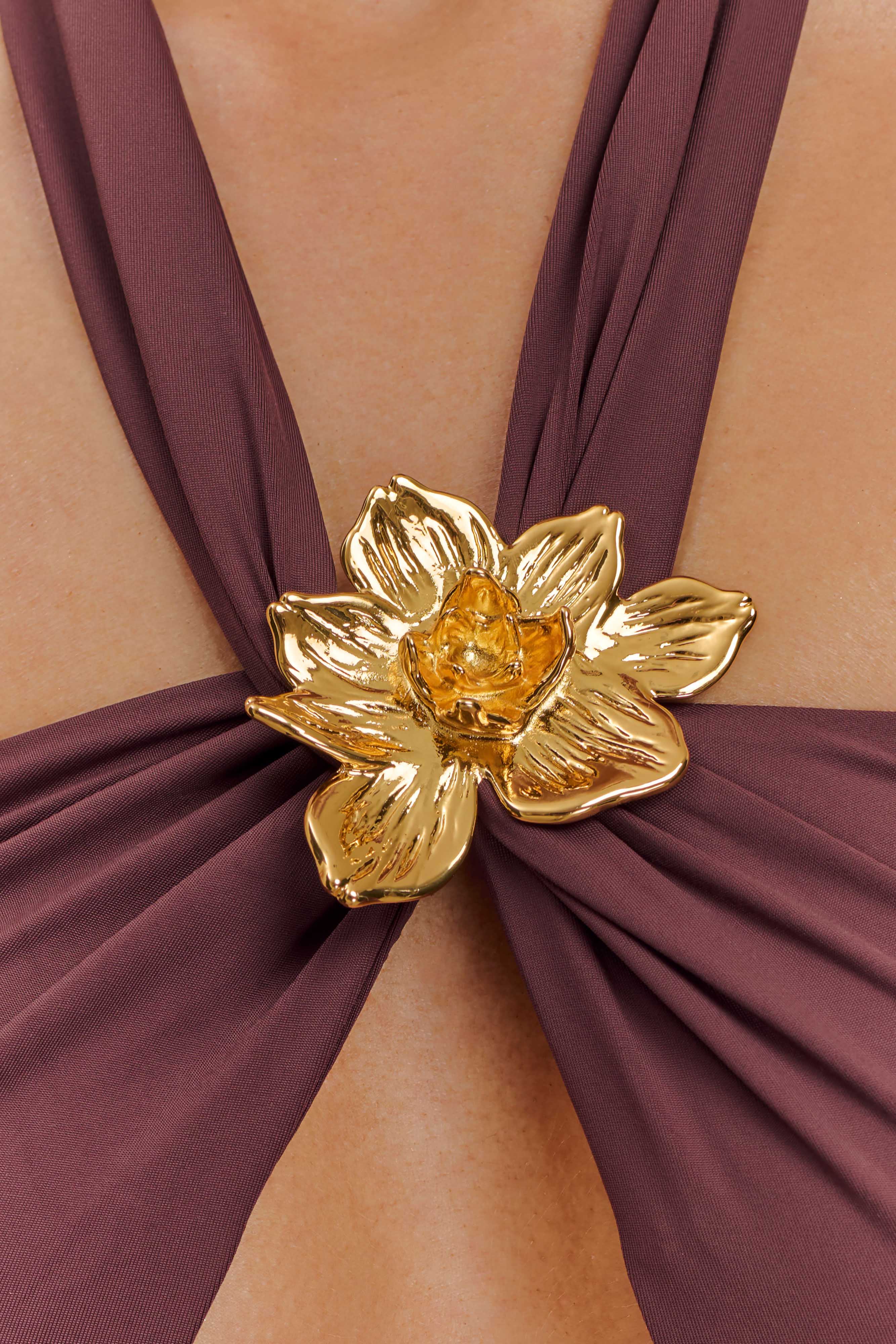 Carissa Floral Hardware Halter Bikini Top - Chocolate、mySite、solidvoid