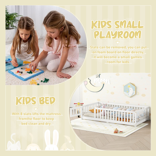Twin Size Bed Floor Bed with Safety Guardrails and Door for Kids, Natural(Old SKU: W158090686)、、casual
