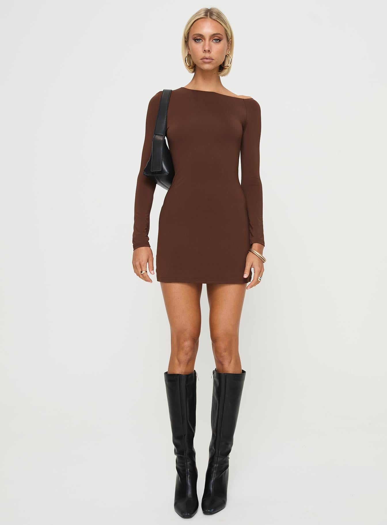 Kataline Long Sleeve Mini Dress Chocolate、mySite、solidvoid
