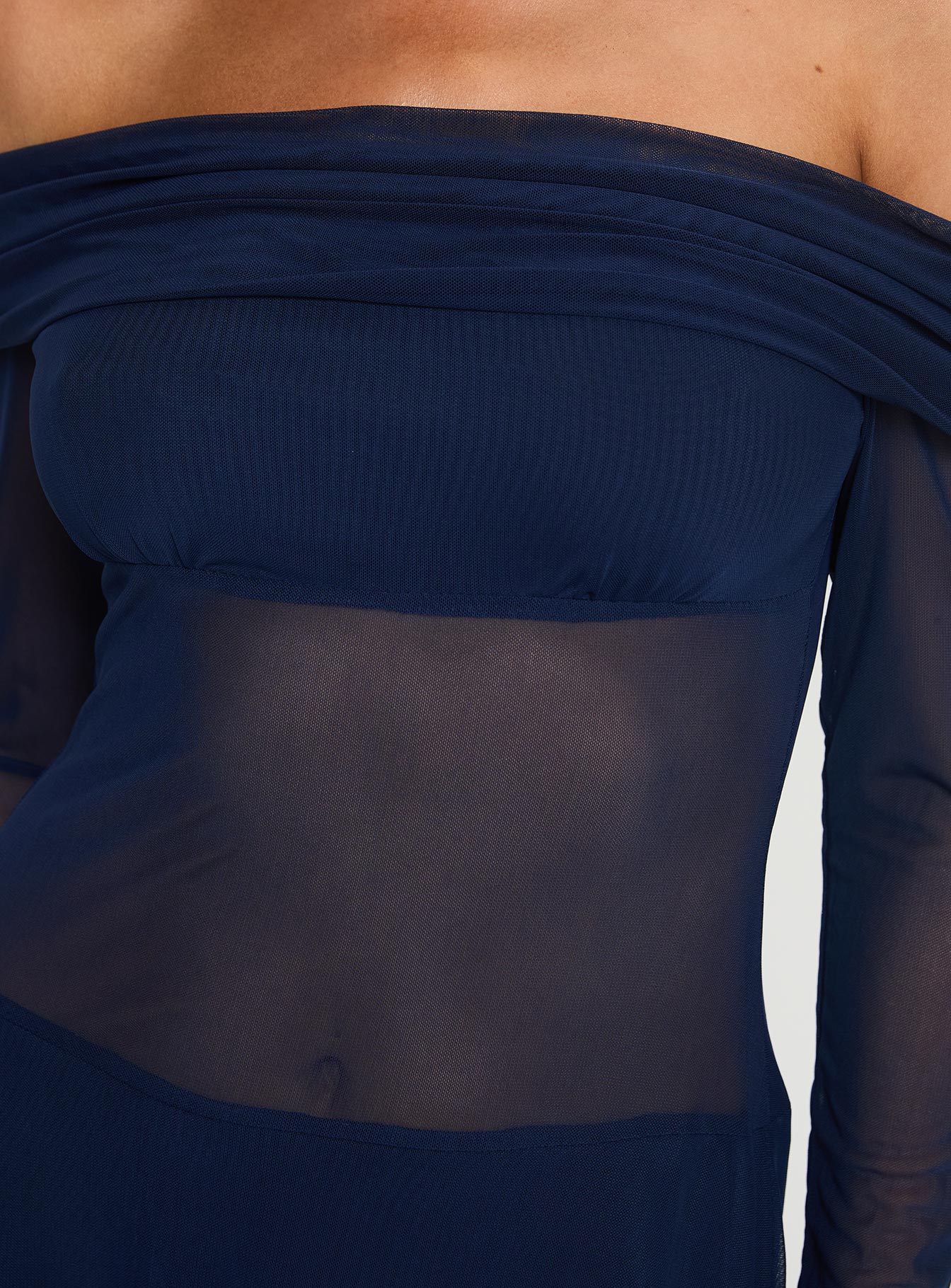 Virtues Long Sleeve Sheer Mini Dress Navy、mySite、solidvoid