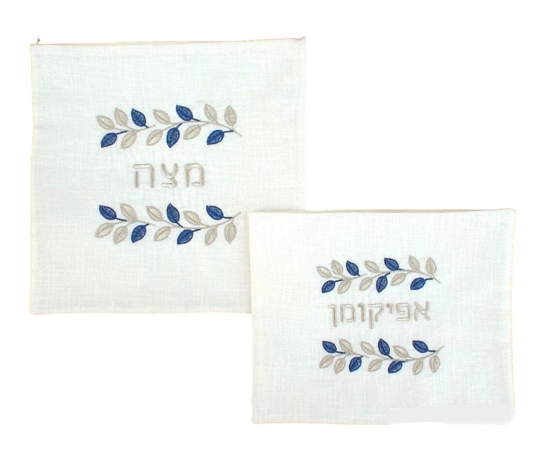 Blue and Silver Leafy Matzah Cover and Afikomen Bag Set、mySite、topwebapps