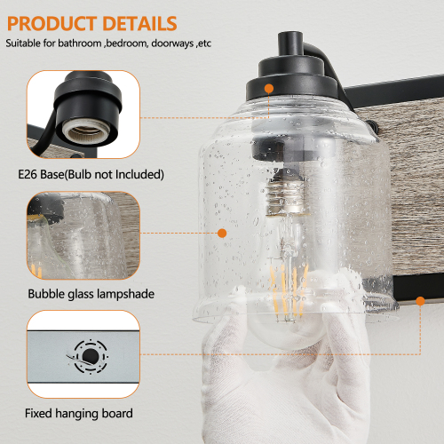 40&quot; Farmhouse Vanity Light Fixture, 5-Light Bathroom Wall Sconce with Clear Seeded Glass Shades, Black and Wood Grain Finish, Modern Industrial Design for Bathroom or Powder Room (No Bulbs)、、eastwooduniform