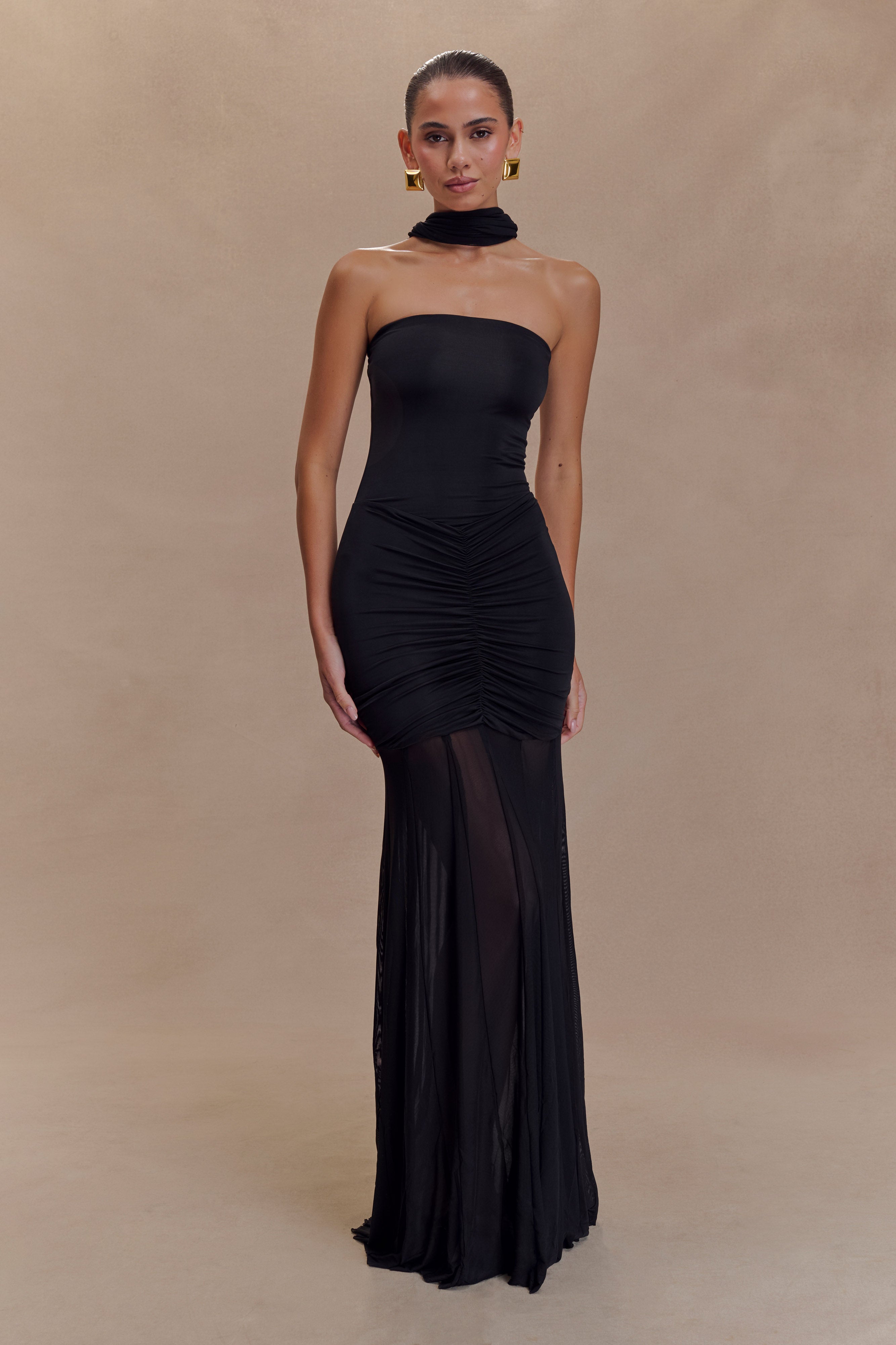 Caspian Slinky And Mesh Off Shoulder Maxi Dress - Black、mySite、solidvoid