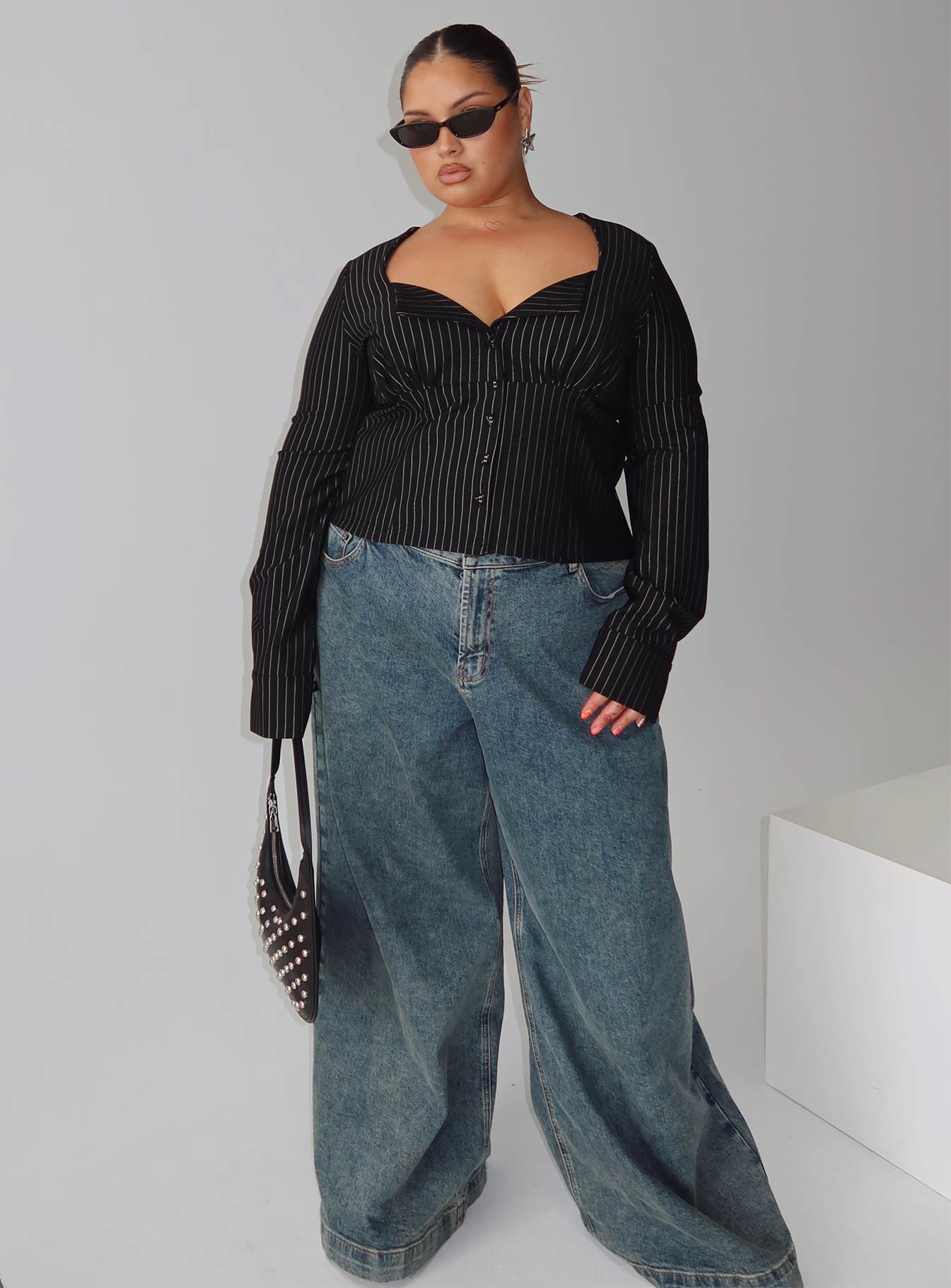 Set For Life Foldover Detail Long Sleeve Top Black / White Pinstripe Curve、mySite、solidvoid