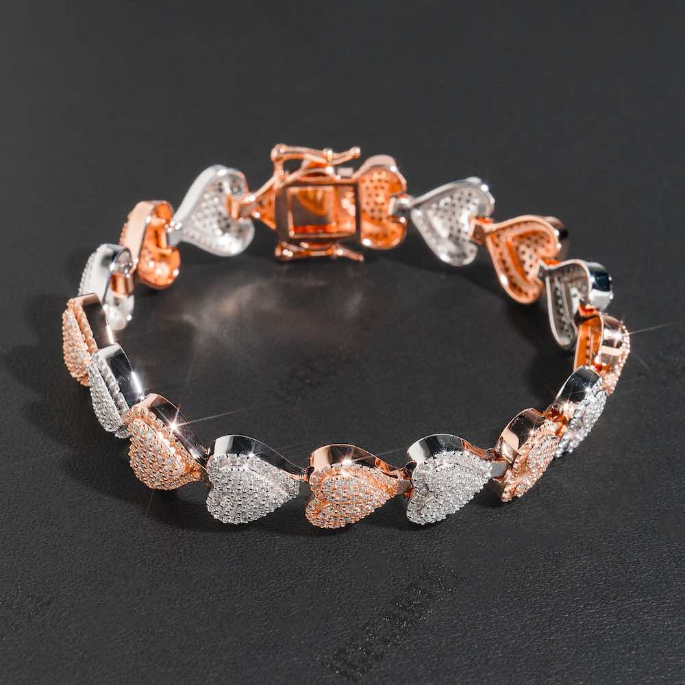 Two Tone Iced Out Baguette Heart Tennis Bracelet 14K Gold - 13MM、mySite、hinf8tx79