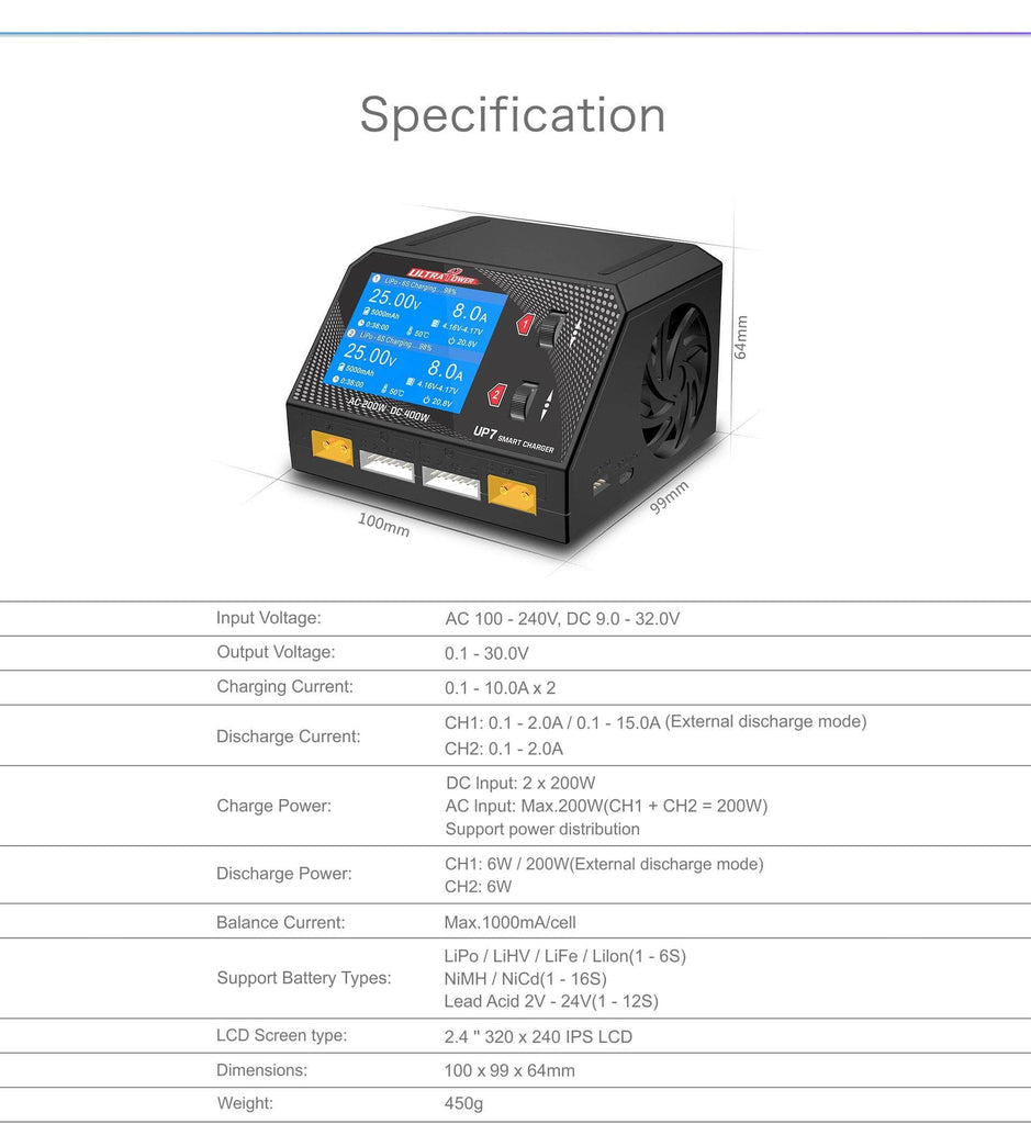 UltraPower UP7 400W 10A 1-6S Dual Channel AC/DC Smart Charger