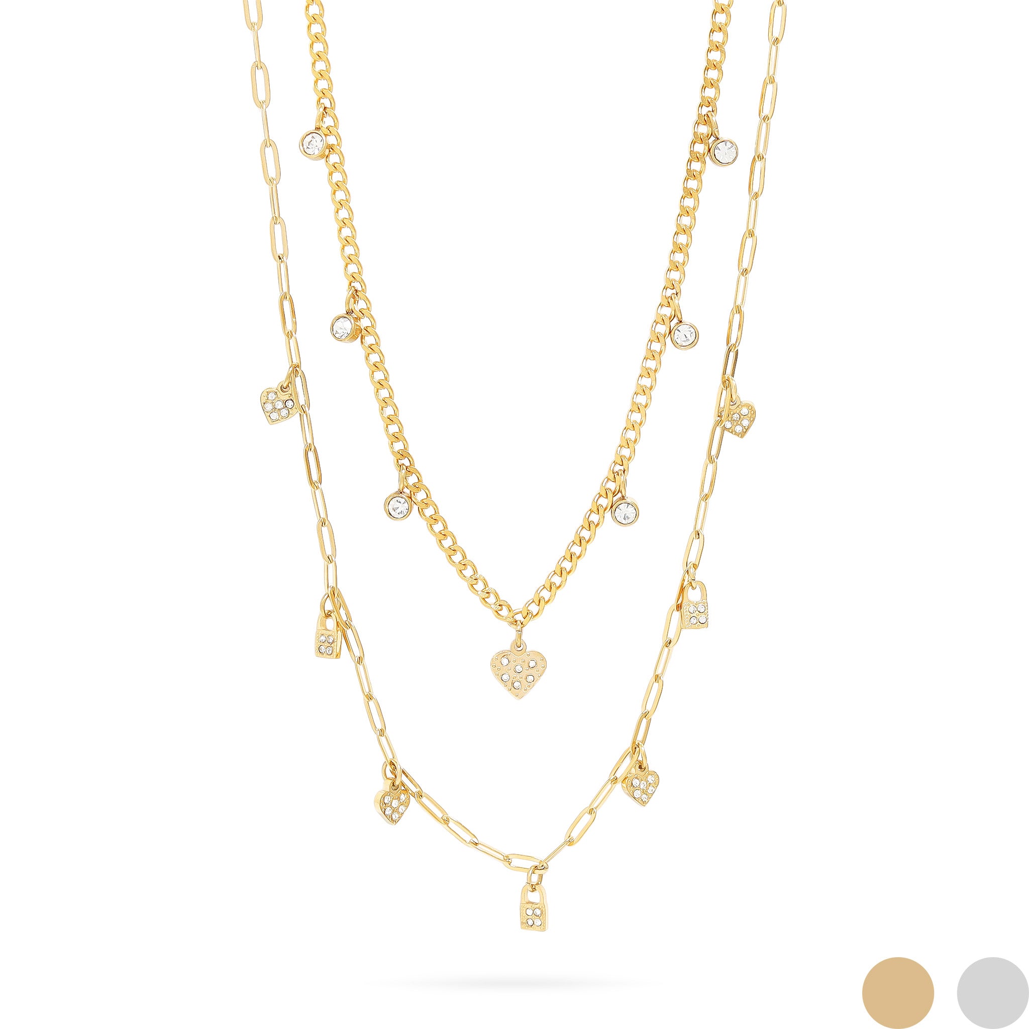 Stainless Steel 2 Row Heart & Lock Charm Necklace / CHN0069、mySite、dreamappss