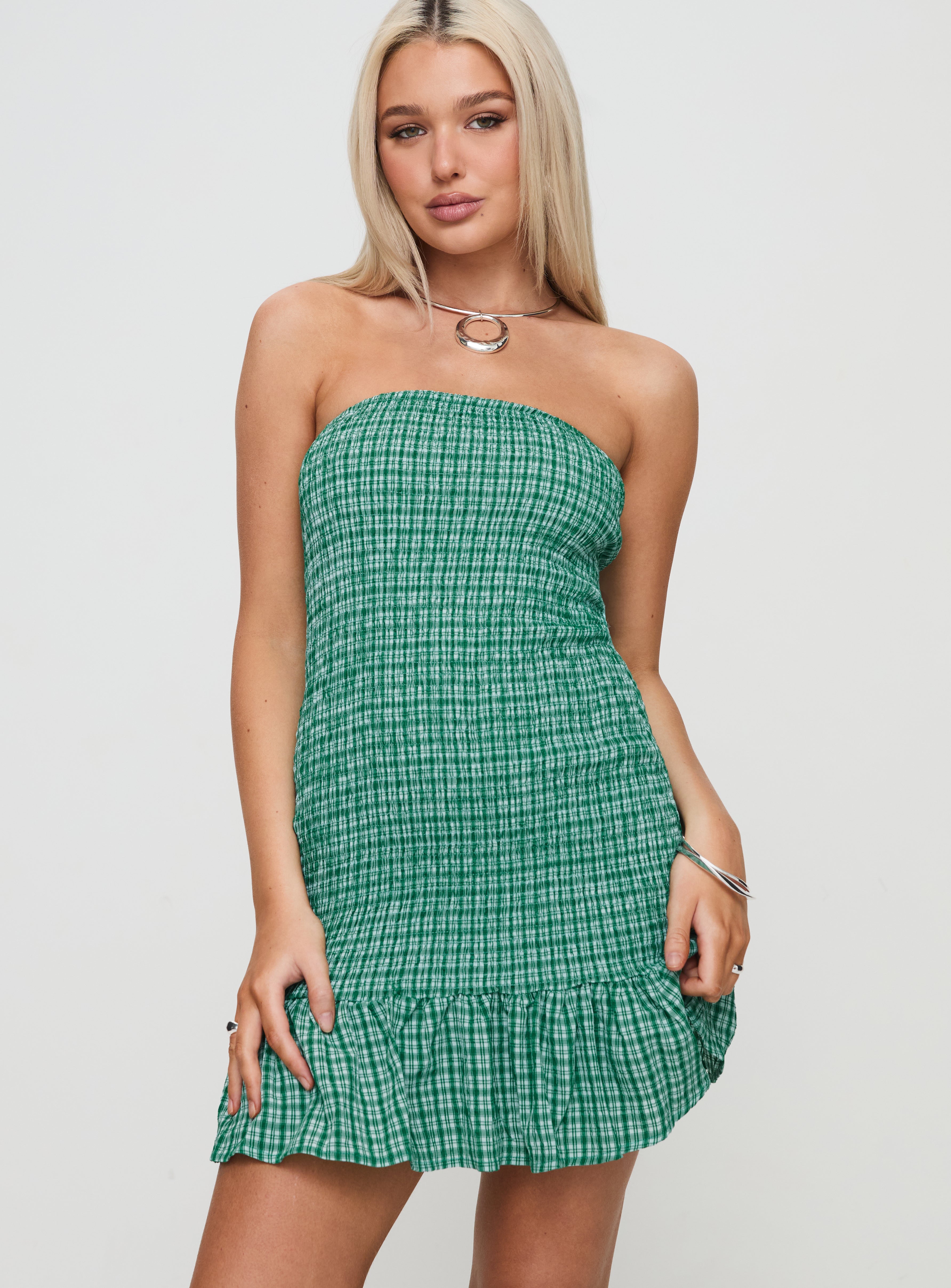 Porschia Strapless Mini Dress Green Check、mySite、solidvoid