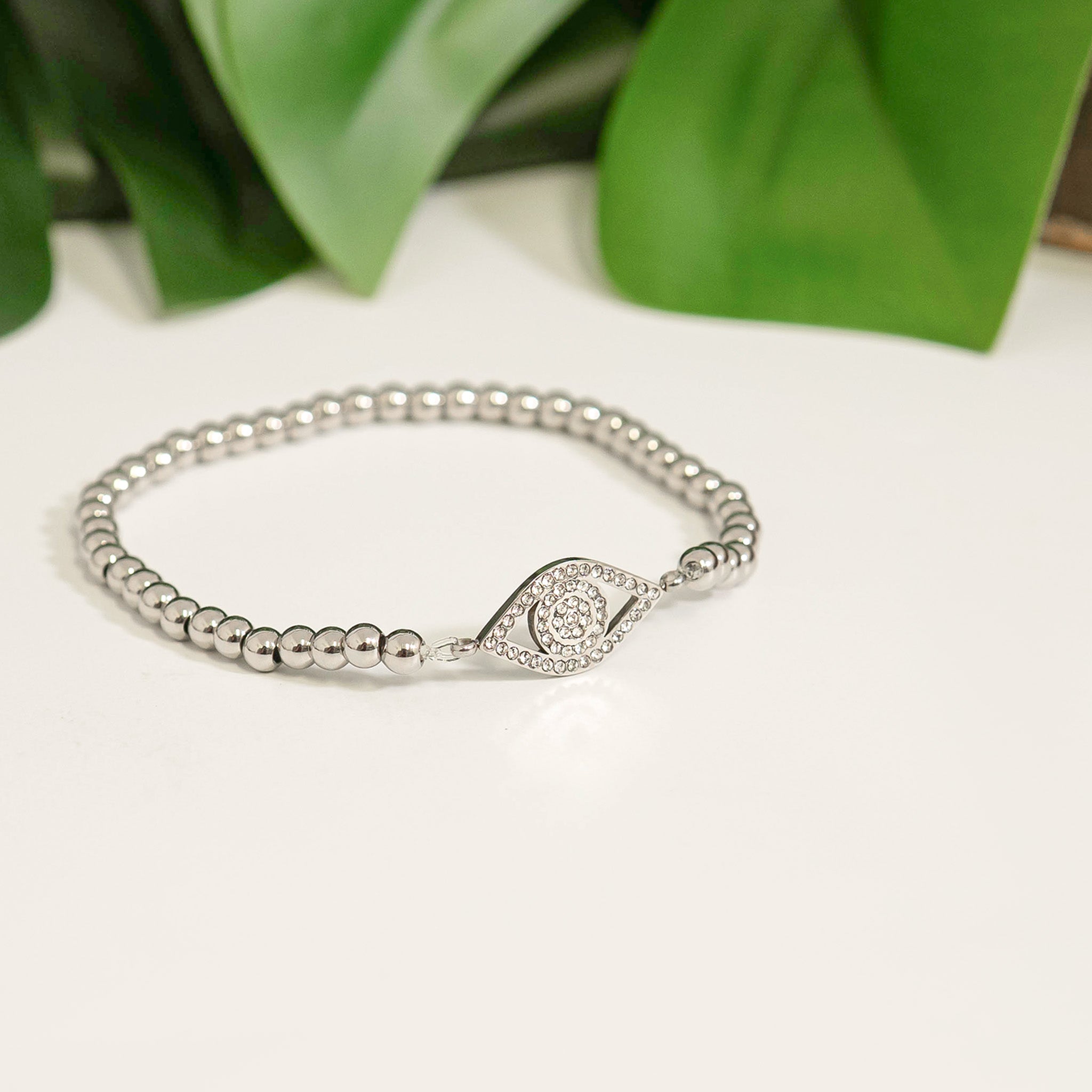 18K Gold PVD Stainless Steel Stone Evil Eye Metal Beaded Stretch Bracelet / BRJ1018、mySite、dreamappss