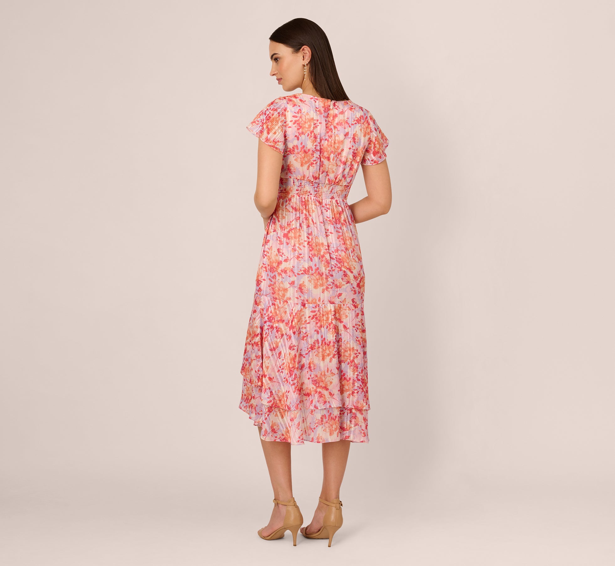 Flutter Sleeve Floral Stripe Flounce Midi Dress In Peri Coral Multi、mySite、solidvoid