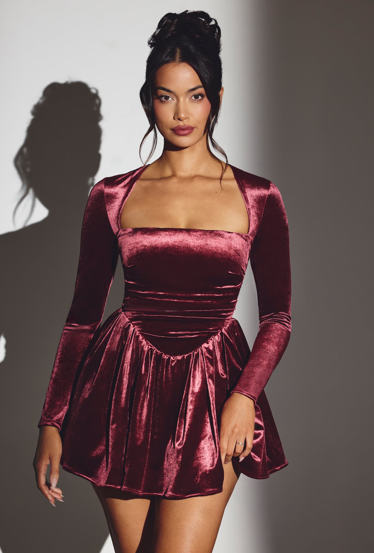 Velvet Long Sleeve Corset Mini Dress in Wine、mySite、solidvoid
