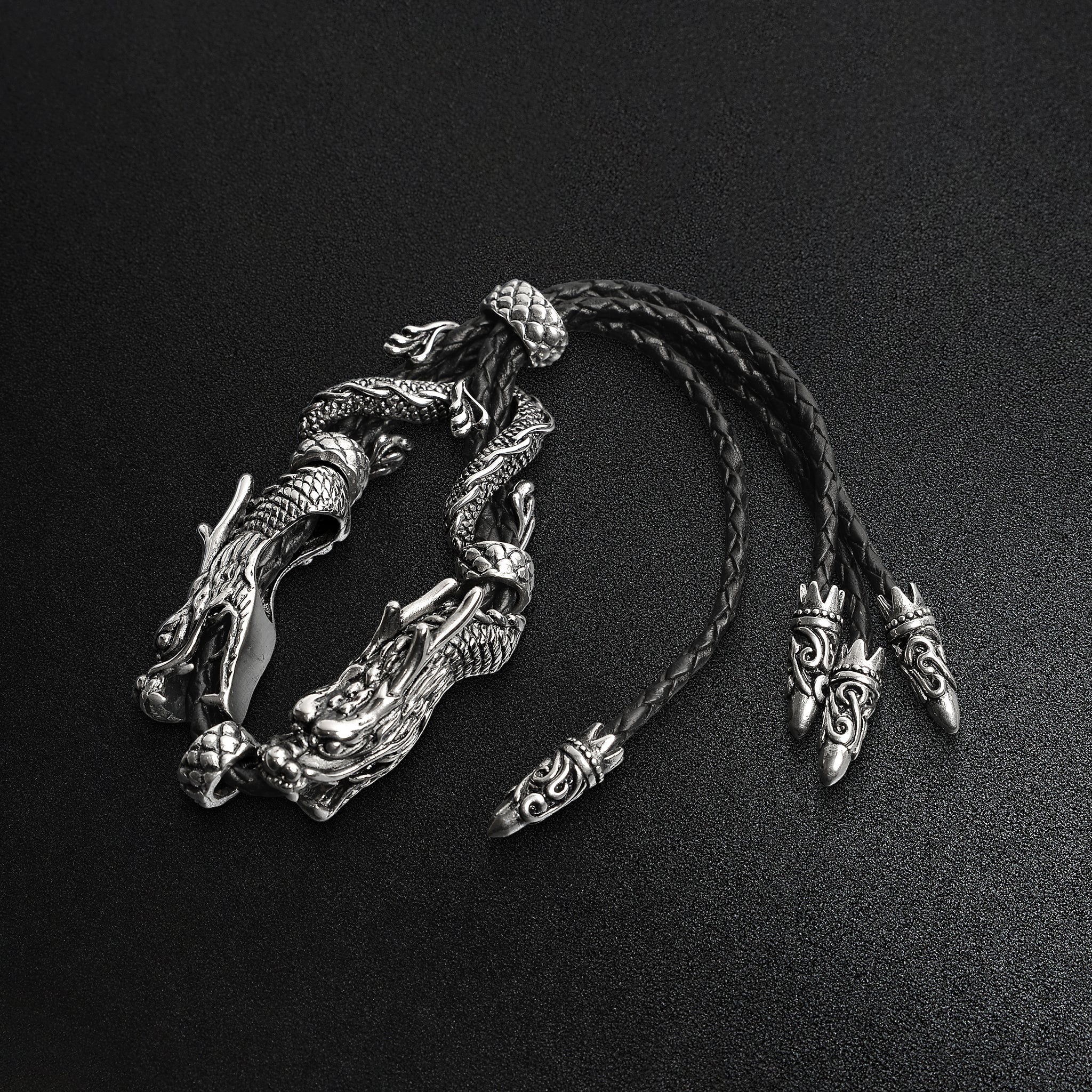 Stainless Steel And Braided Leather Adjustable Dragon Bracelet / BRJ9008、mySite、dreamappss