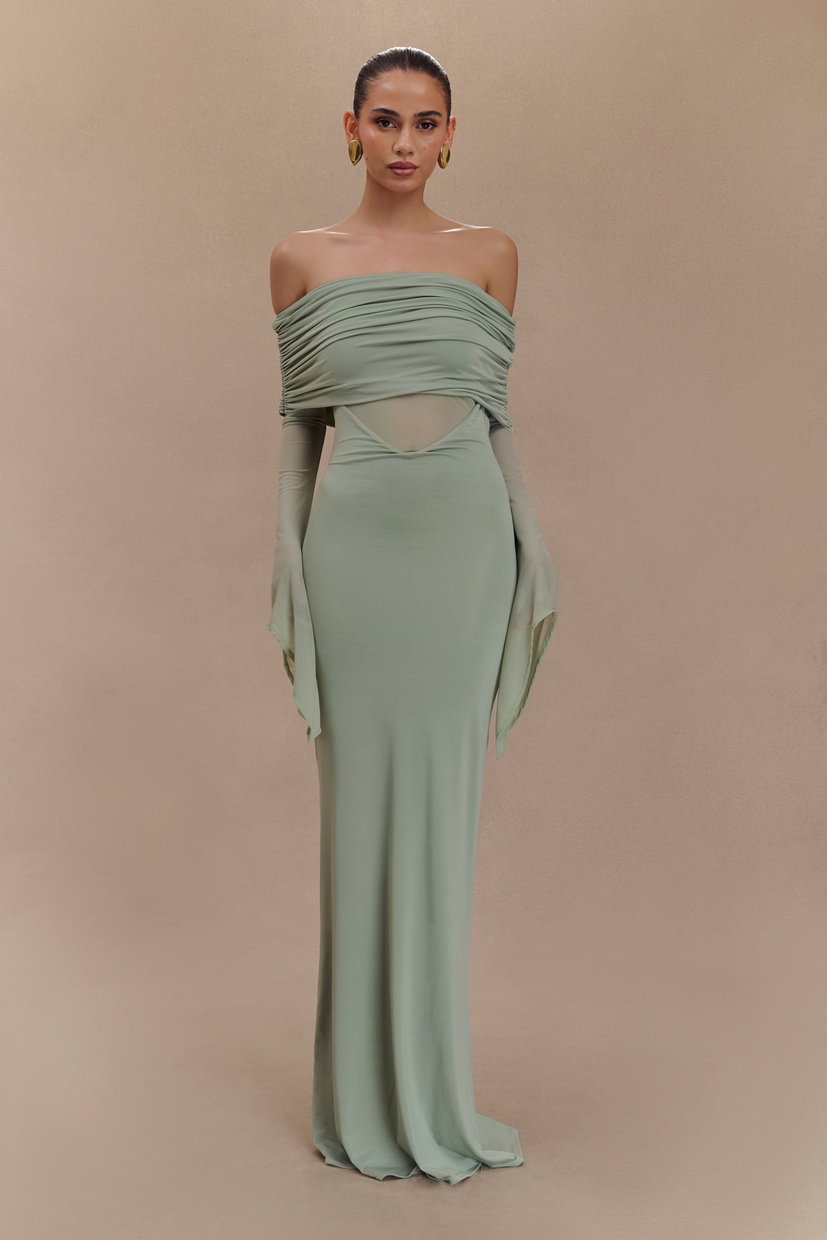 Kaitlin One Shoulder Slinky And Mesh Maxi Dress - Basil、mySite、solidvoid