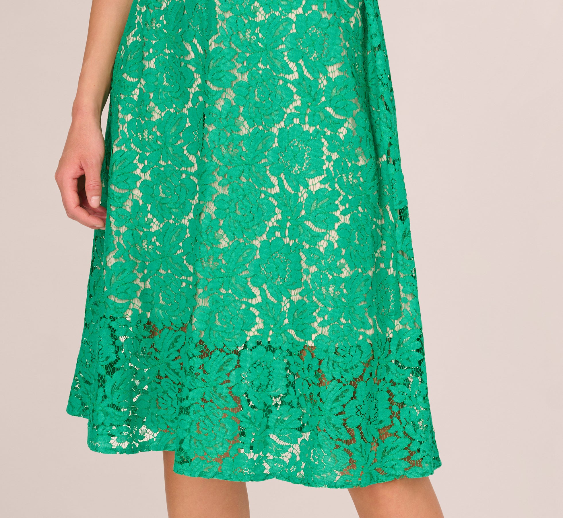 Sleeveless Lace Fit And Flare Dress With Sheer Details In Botanic Green、mySite、solidvoid