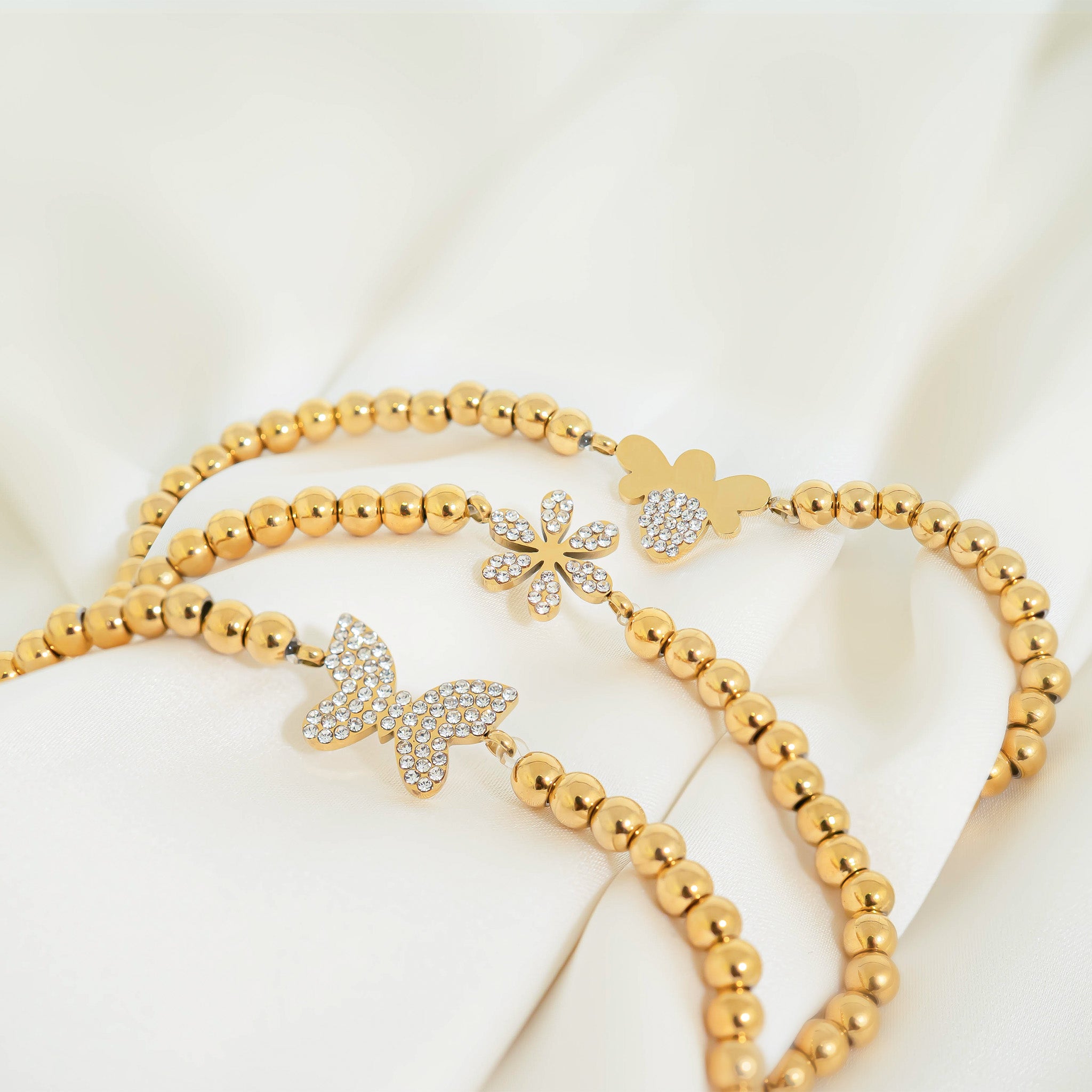 18K Gold PVD Stainless Steel Stone Flower Metal Beaded Stretch Bracelet / BRJ1020、mySite、dreamappss