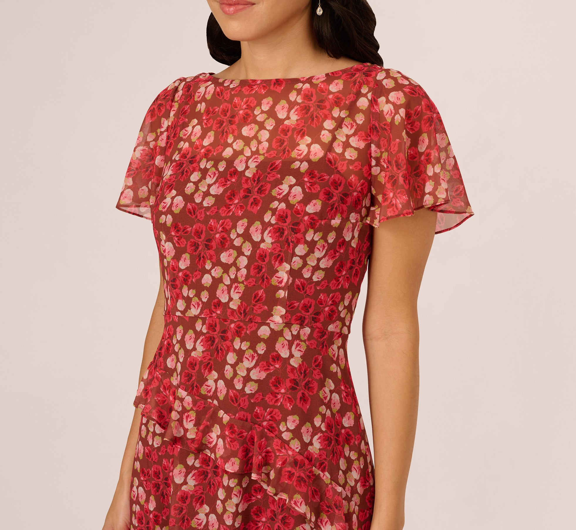 Flutter Sleeve Boat Neck Floral Chiffon Midi Dress In Mocha Multi、mySite、solidvoid