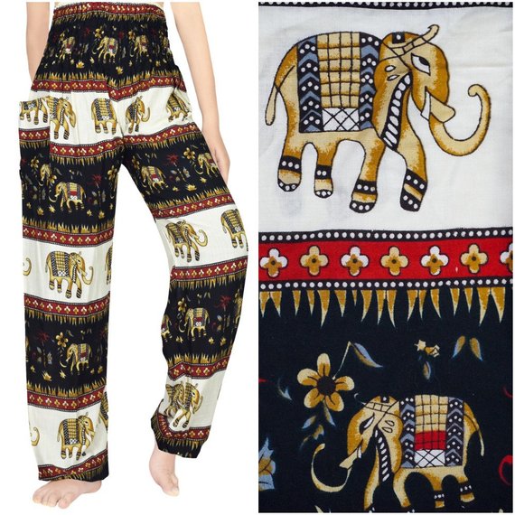  Black Elephant Print Boho Harem Pants – Women's One Size、mySite、justintrudeaud