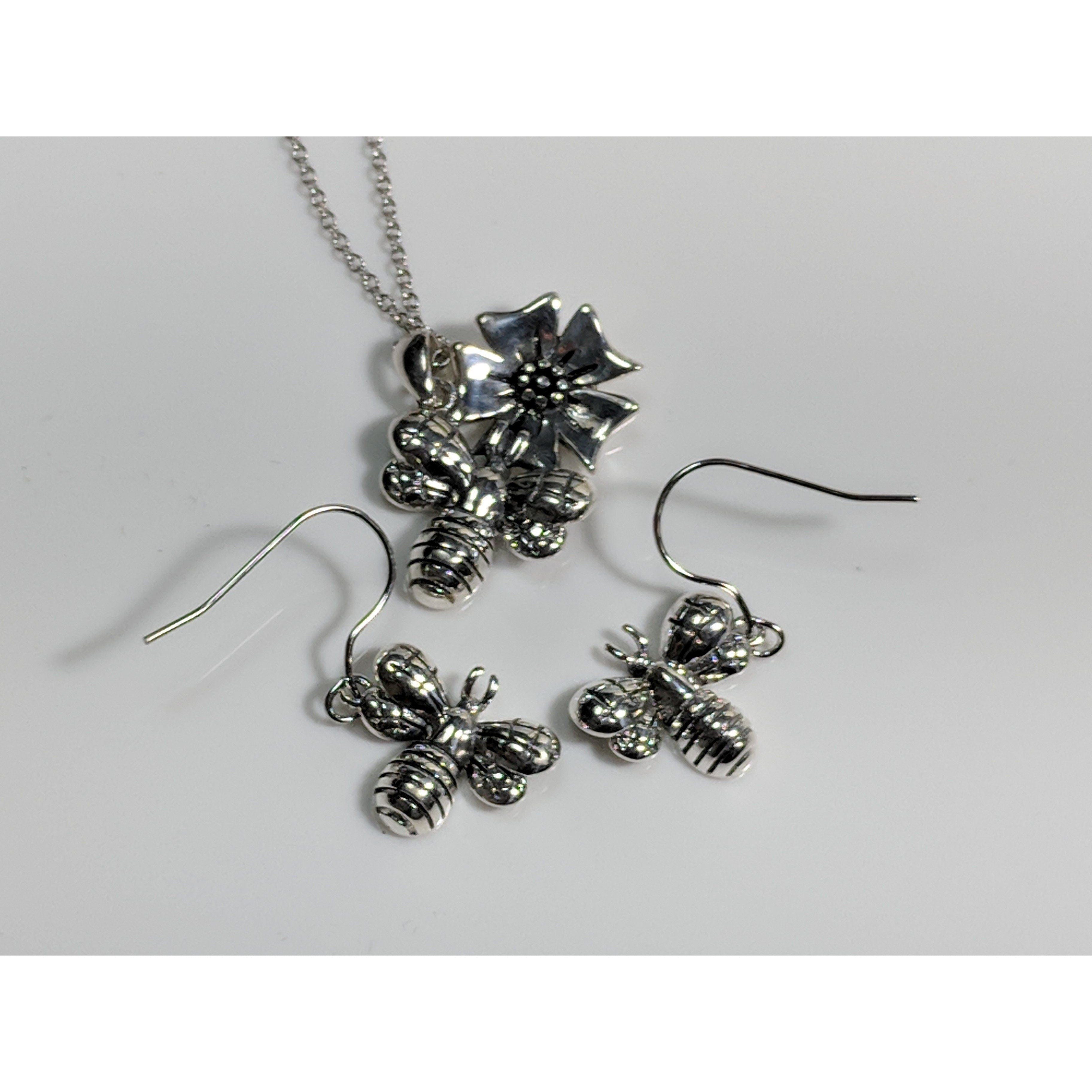 Honey Bee Necklace and Earrings SET-Cutest Little Bees! Sterling Silver、mySite、g9winljtr