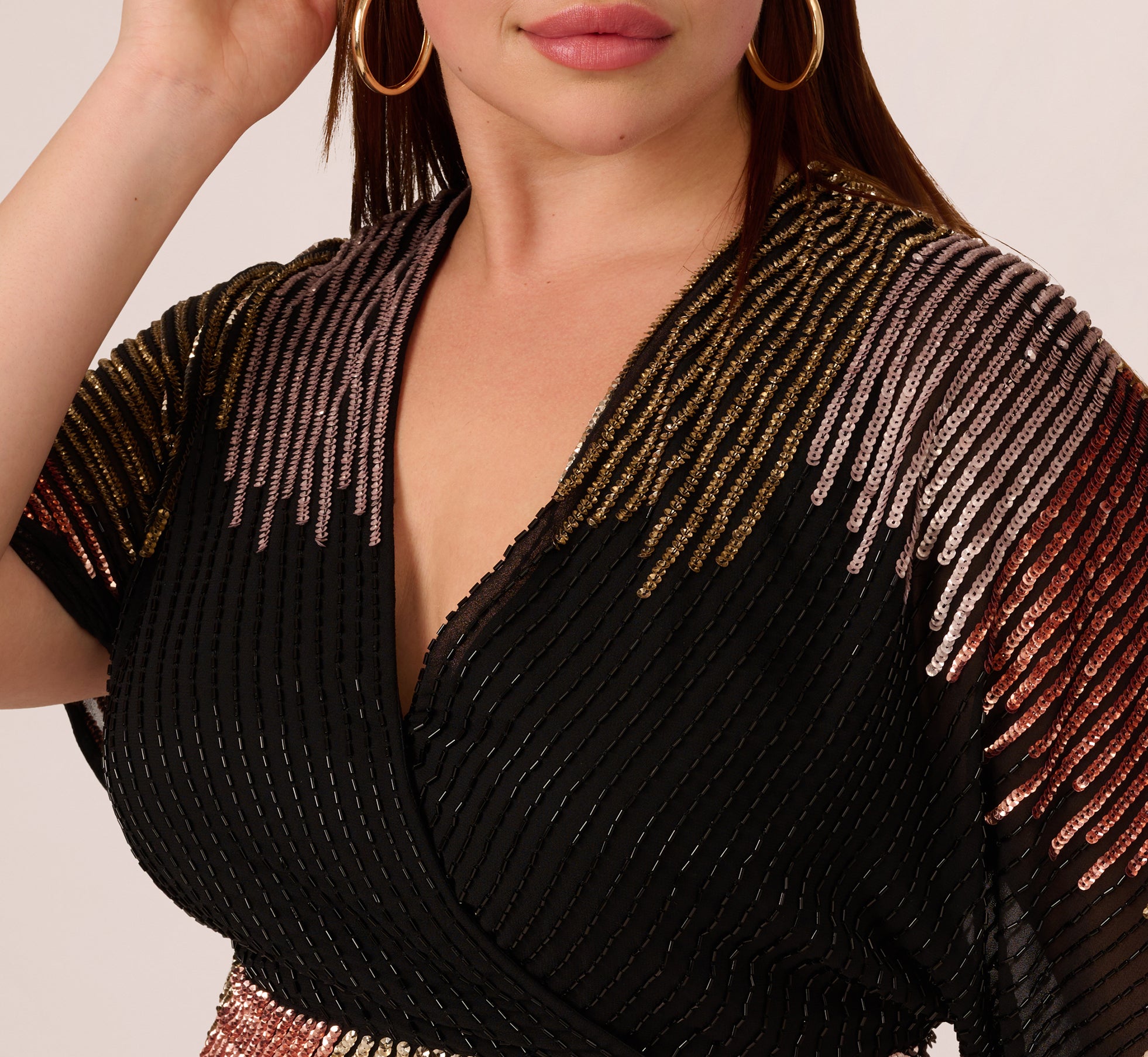 Plus Size Beaded Faux Wrap Dress With Dolman Sleeves In Black Bronze、mySite、solidvoid