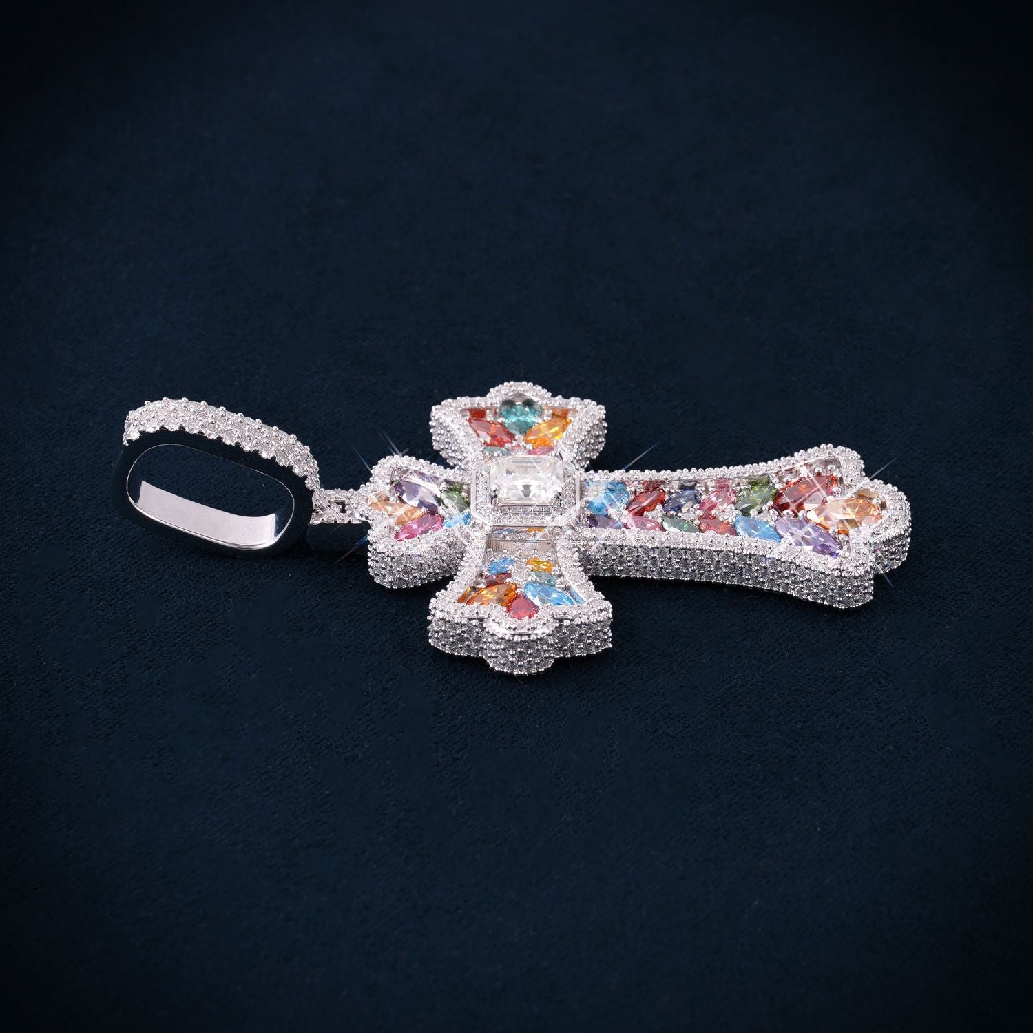 Moissanite Rainbow Halo Cross Pendant 14K Gold、mySite、hinf8tx79