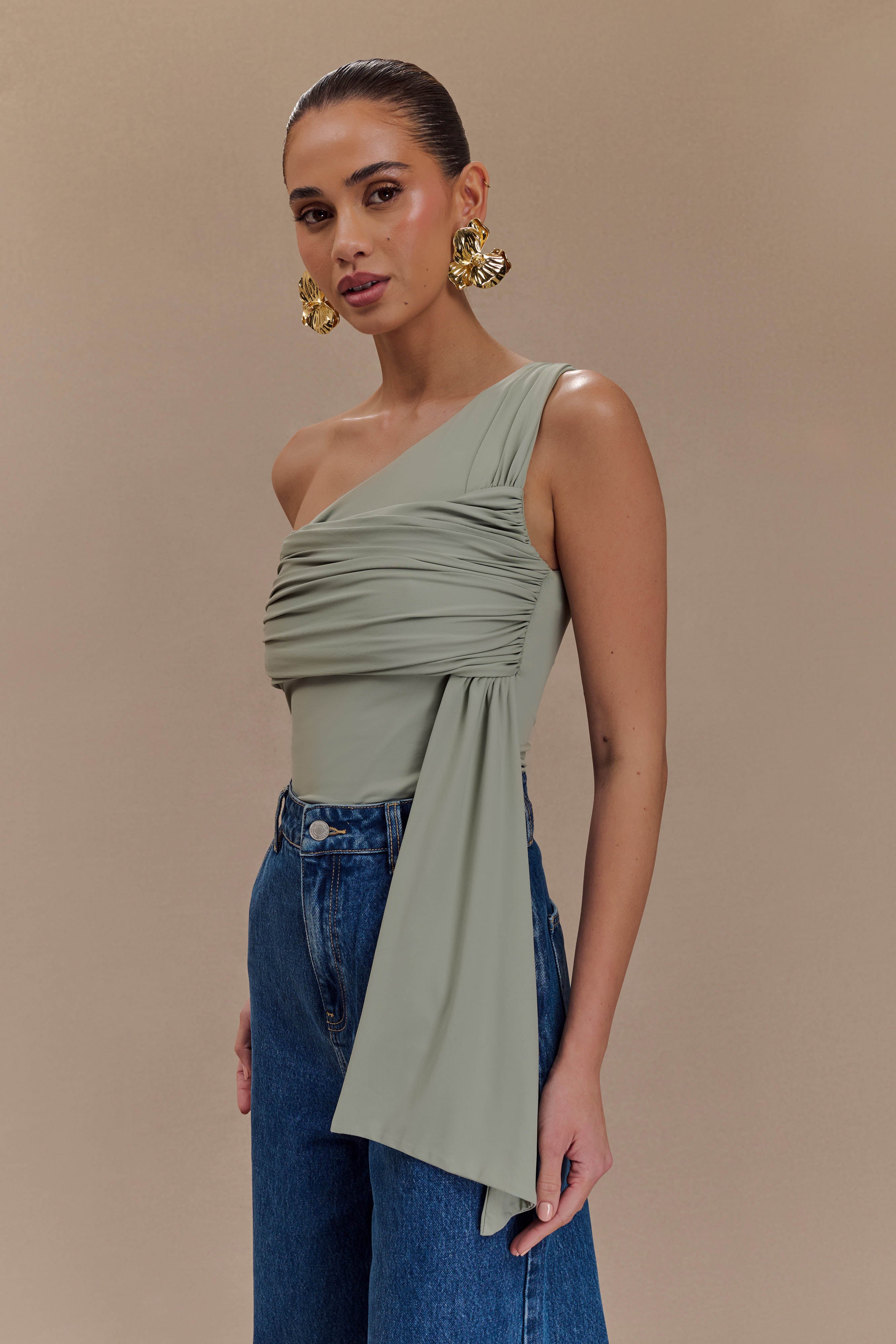 Sera One Shoulder Recycled Nylon Top With Drape - Basil、mySite、solidvoid
