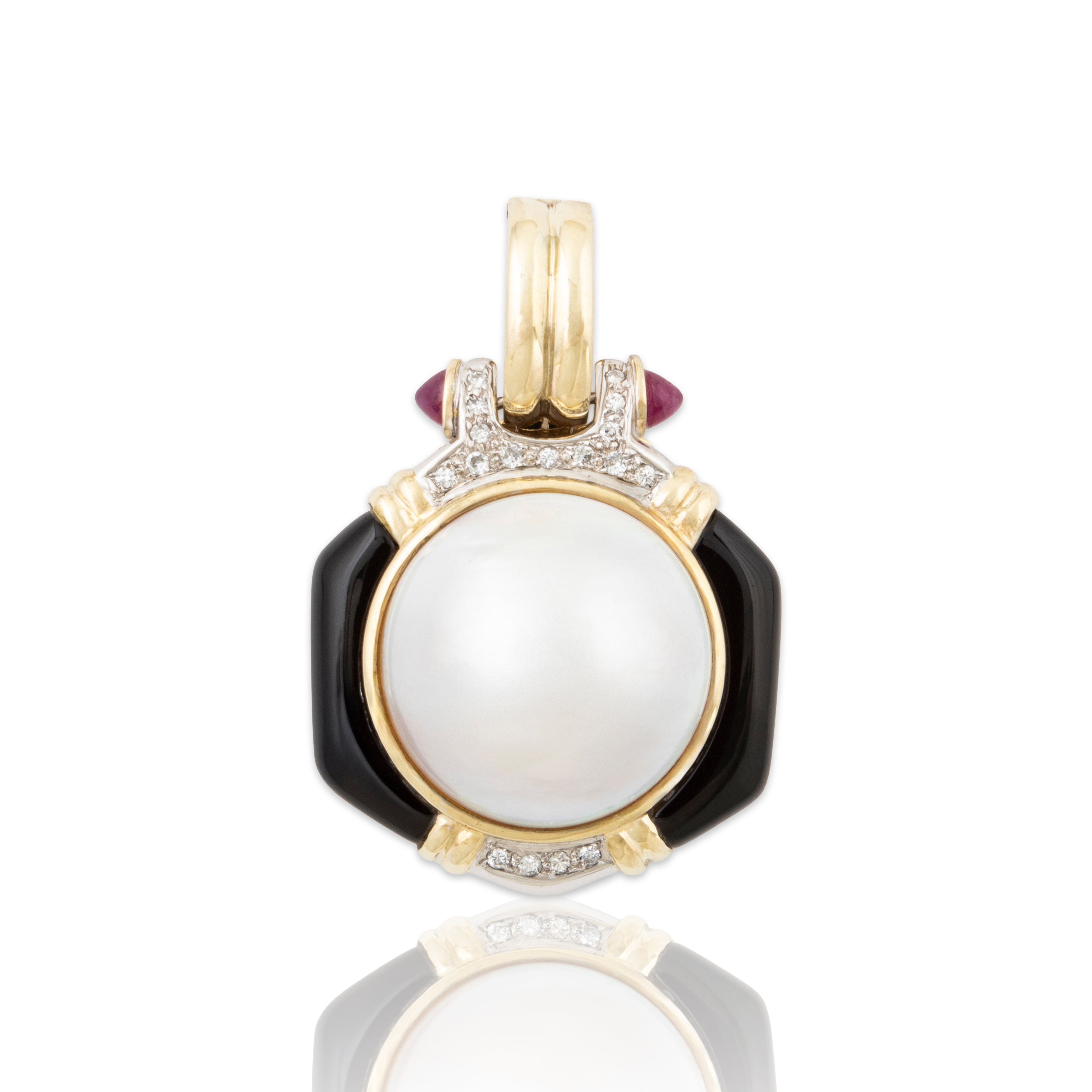 Vintage Heavy 14k Yellow Gold Mabe Pearl, Ruby, Diamond Oversized & Bold Pendant、mySite、hinf8tx79