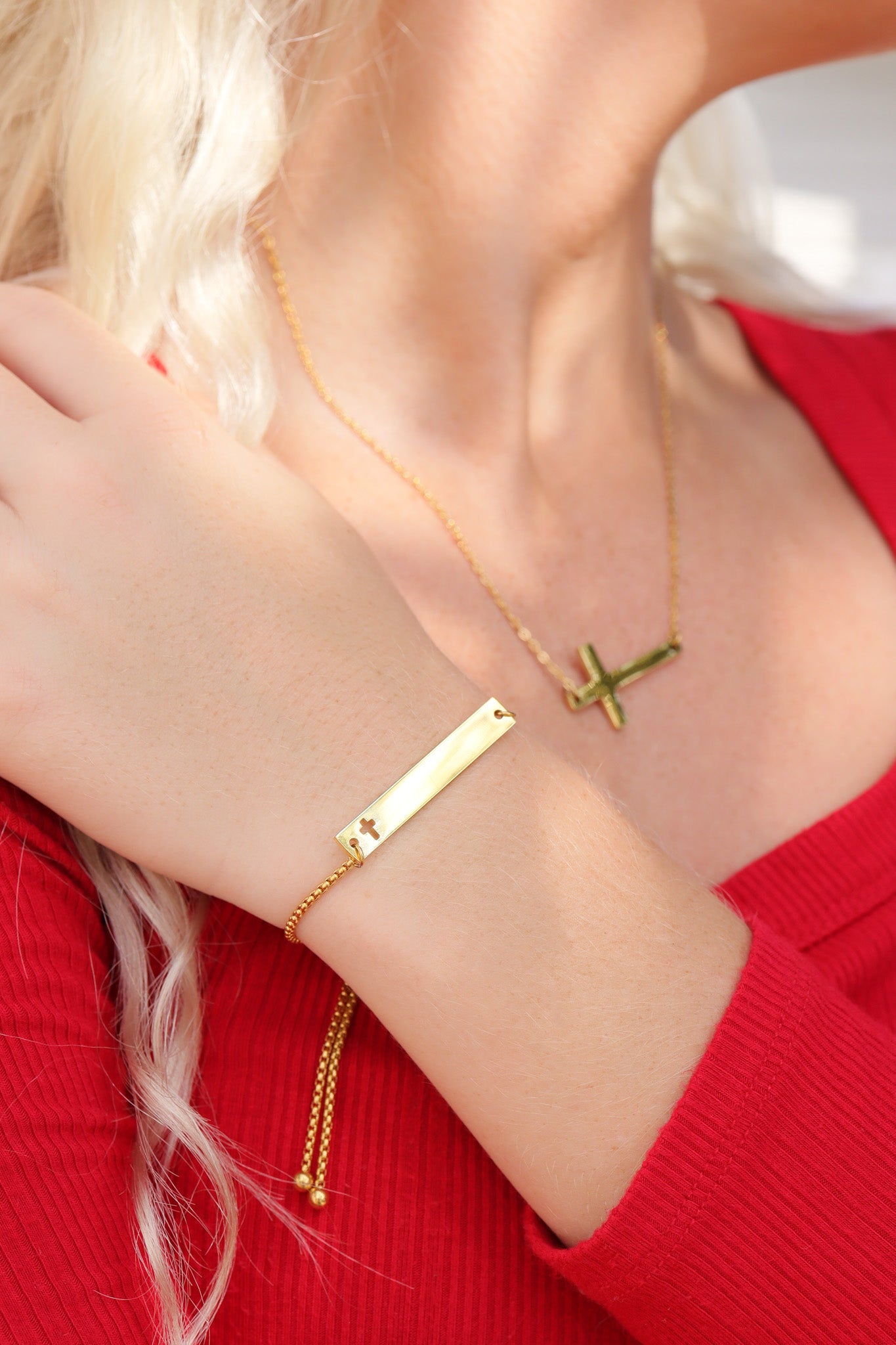 18K Gold PVD Stainless Steel Flat Adjustable Cross Cutout Blank Bar Bracelet / SBB0191、mySite、dreamappss