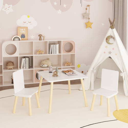 Kids Table and 2 Chairs Set, 3 Pieces Toddler Table and Chair Set, Wooden Activity Play Table Set (Lion&Monkey)、、casual