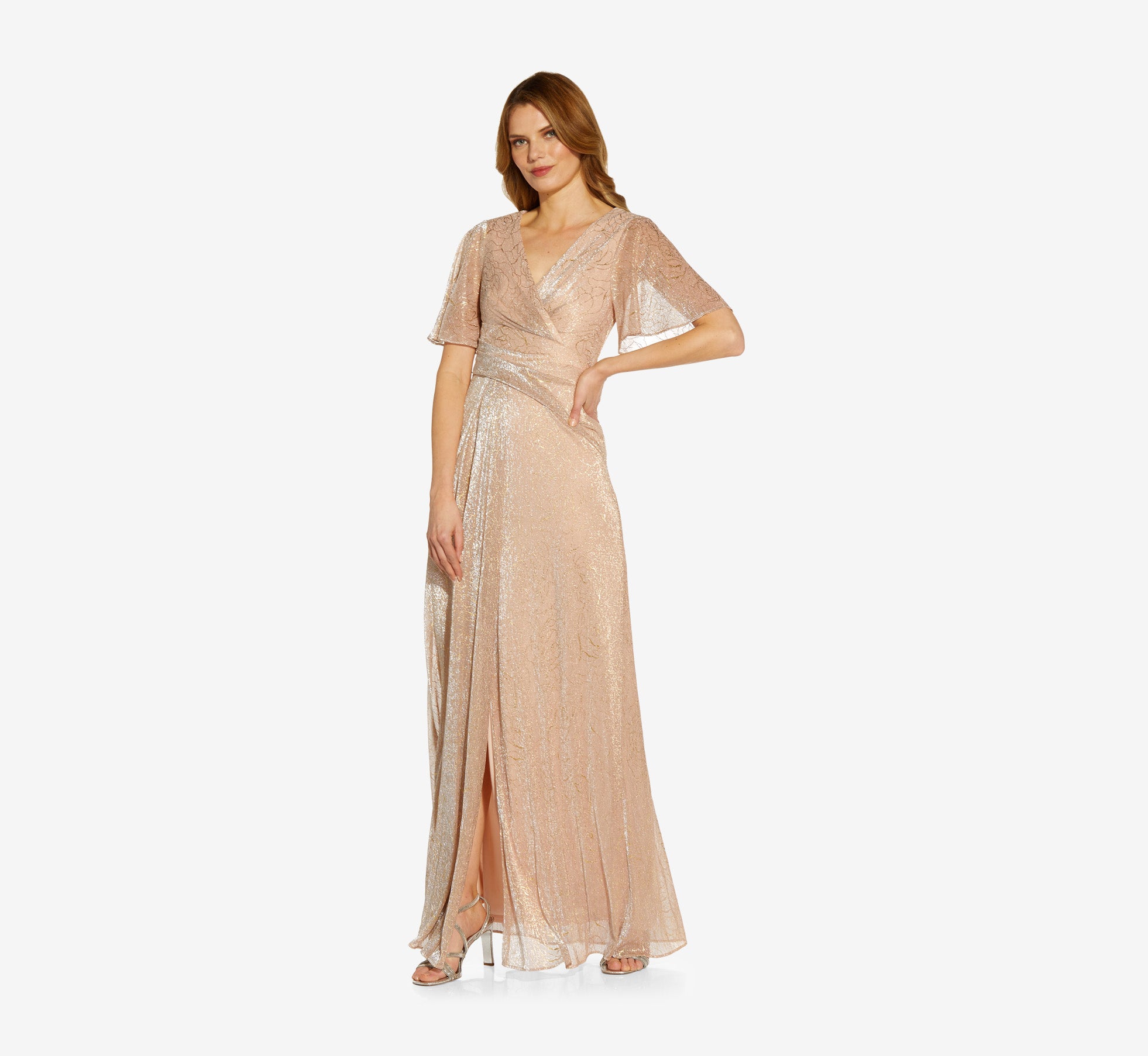 Metallic Mesh Draped Gown In Rose Gold、mySite、solidvoid