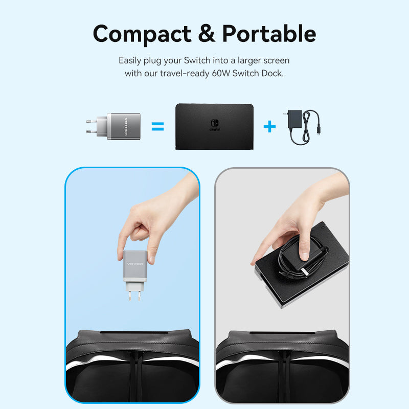 Vention 3-Port USB (C+A)+HDMI GaN Switch Dock (60W/5W/4K@60Hz) EU-Plug、mySite、fannypackpong