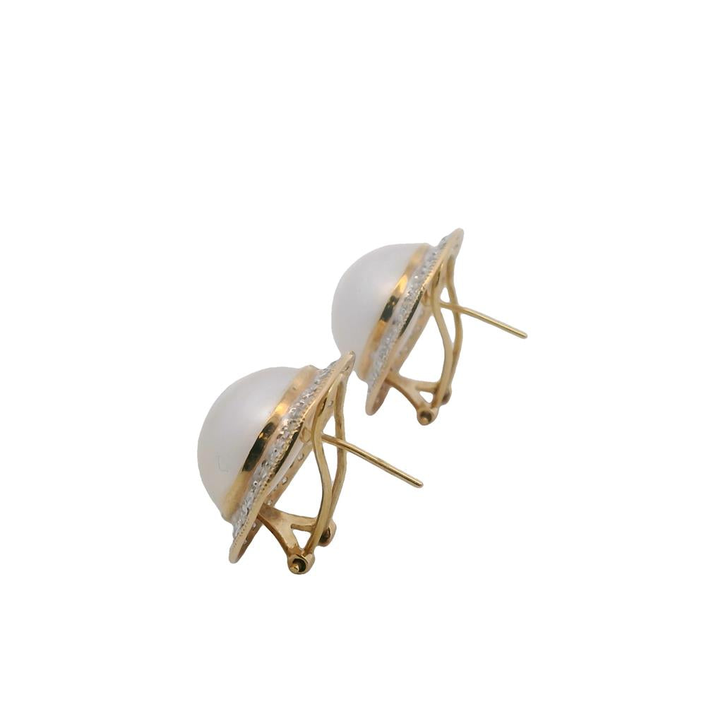  Estate 14K Yellow Gold 13.2mm Mabe Pearl & Diamond Halo Stud Earrings