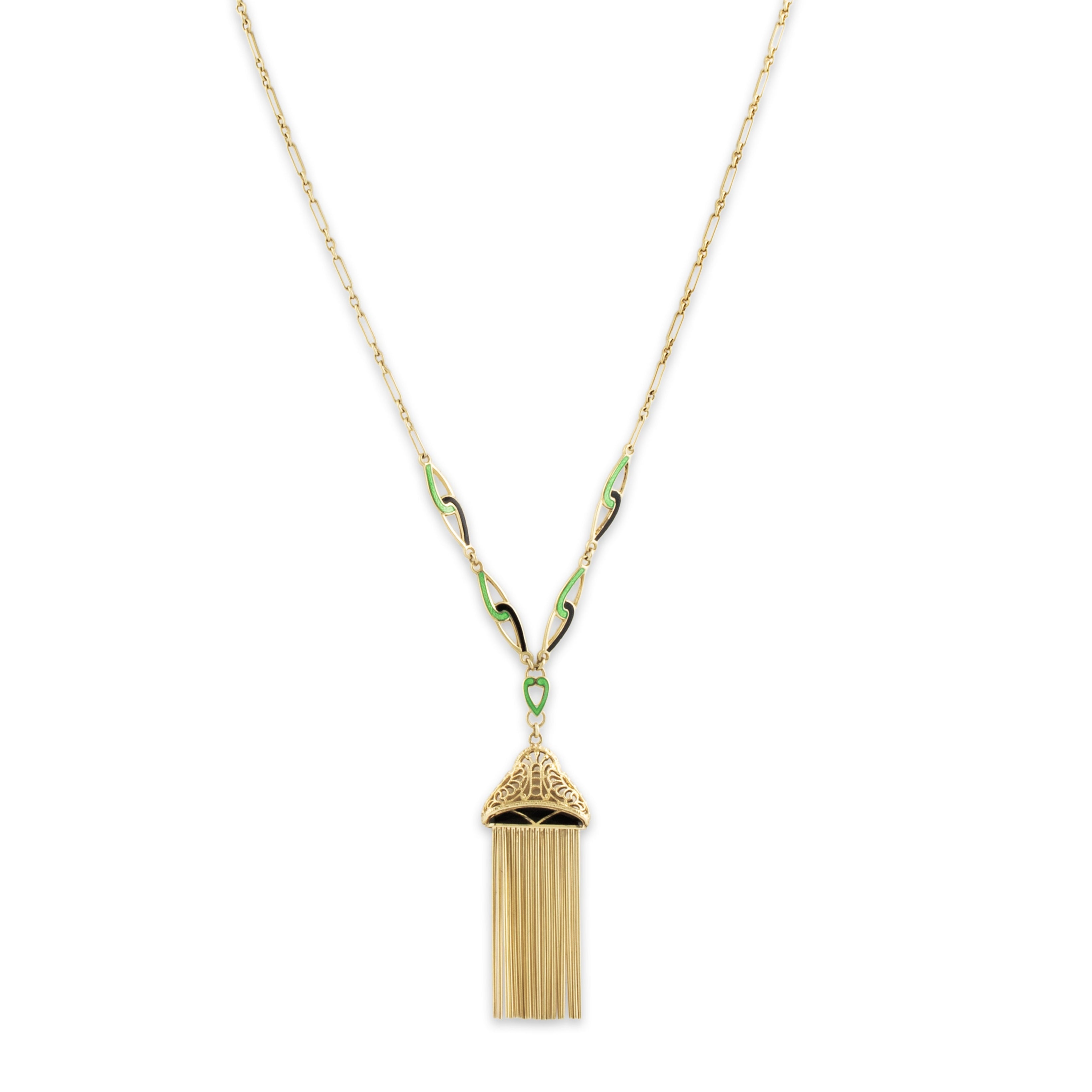 Antique Art Deco 14k Yellow Gold Black & Green Enamel Fringe Necklace 15.5、mySite、hinf8tx79