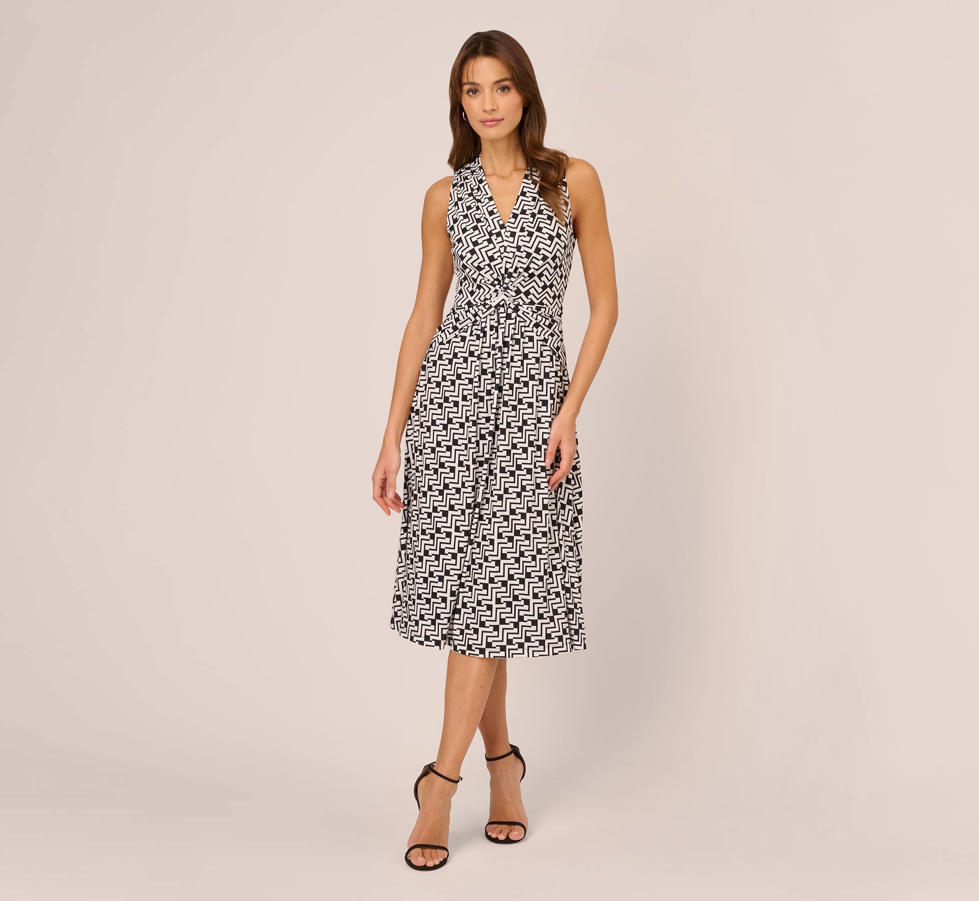 Sleeveless Geo Print Midi Dress With Knotted Detail In Black White、mySite、solidvoid