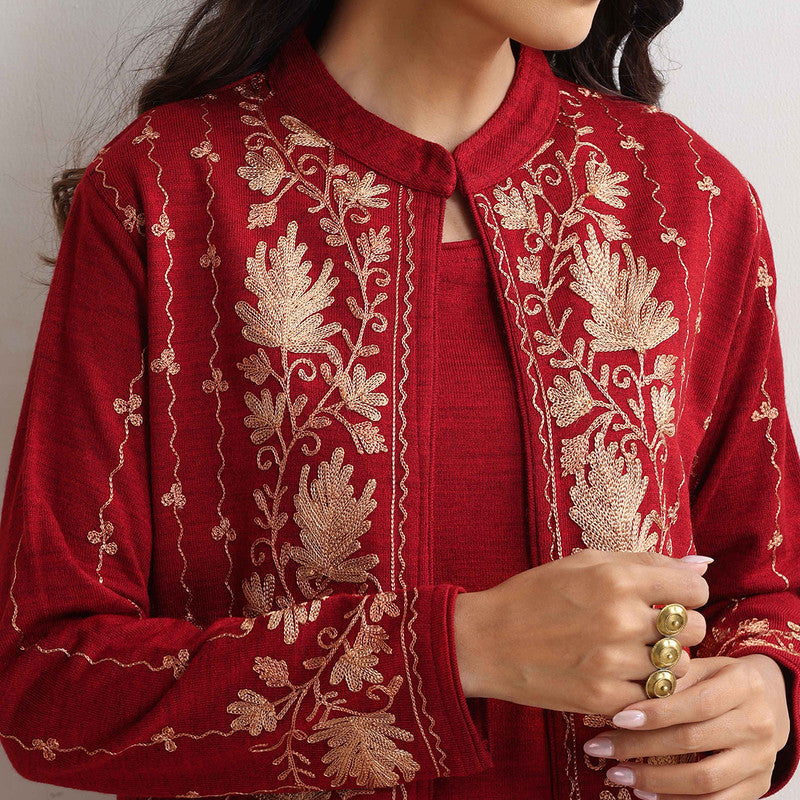 Woolen Kurta Set For Women | Kurta, Pyjama & Jacket | Embroidered | Red、mySite、camillekostekn