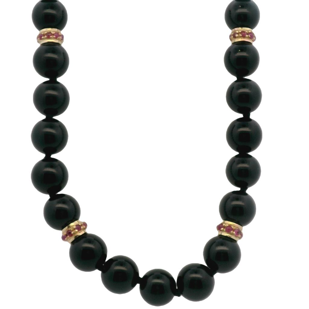 Estate 18K Yellow Gold Carved Jade, Ruby, and Black Onyx Bead Necklace、mySite、botmansion