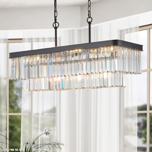Chandeliers,Rectangular Crystal Chandelier Adjustable,E12 Modern Industrial Crystal Lights,Farmhouse Iron Ceiling Hanging Light for Kitchen Living Room Bedroom/Black(Bulb Not Included)、、eastwooduniform
