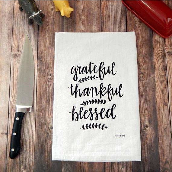 Grateful, Thankful, Blessed Handprinted White Flour Sack Tea Towel with Hanging Loop、mySite、g9winljtr