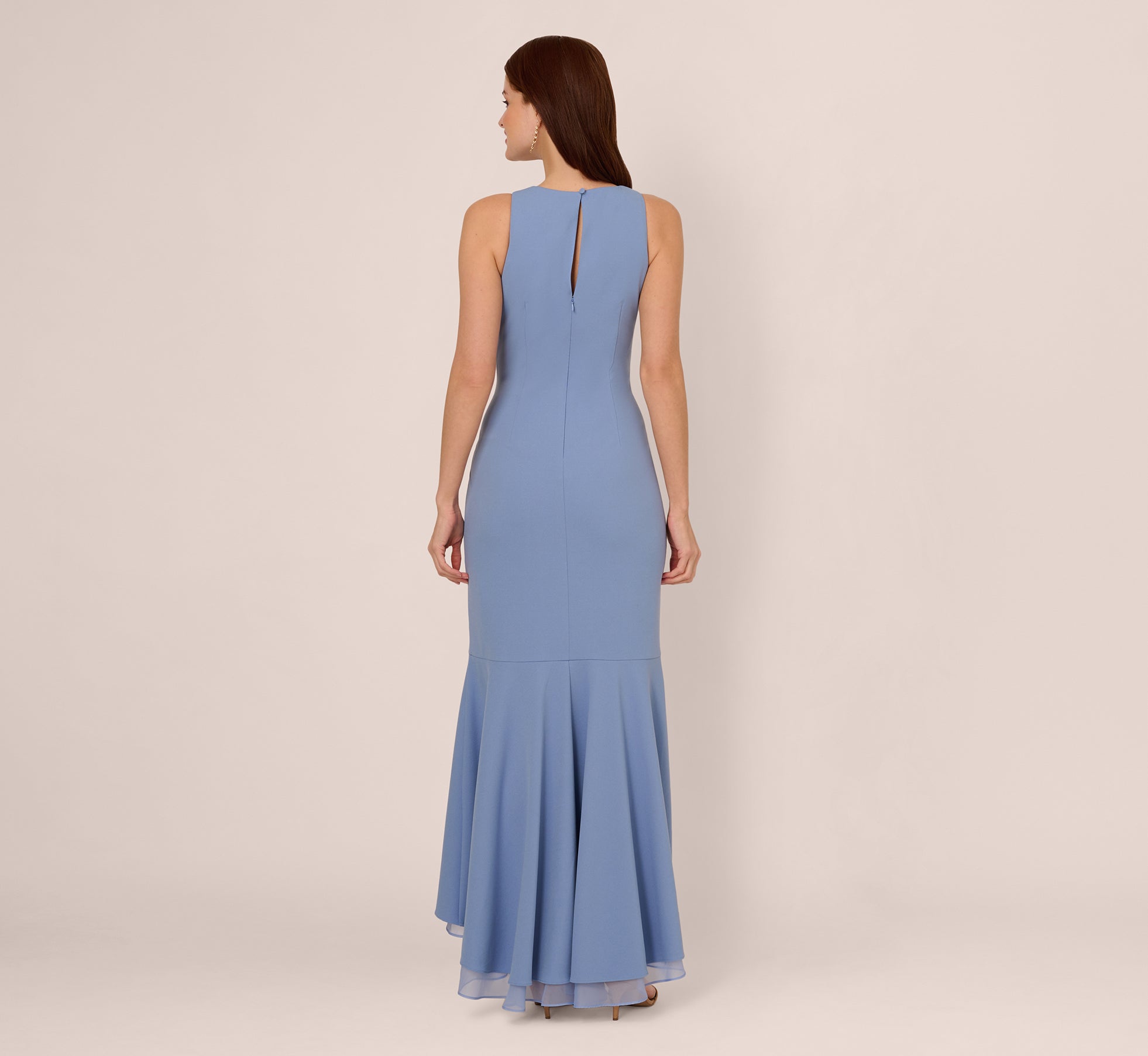 High Low Crepe Halter Gown With Organza Draping In French Blue、mySite、solidvoid