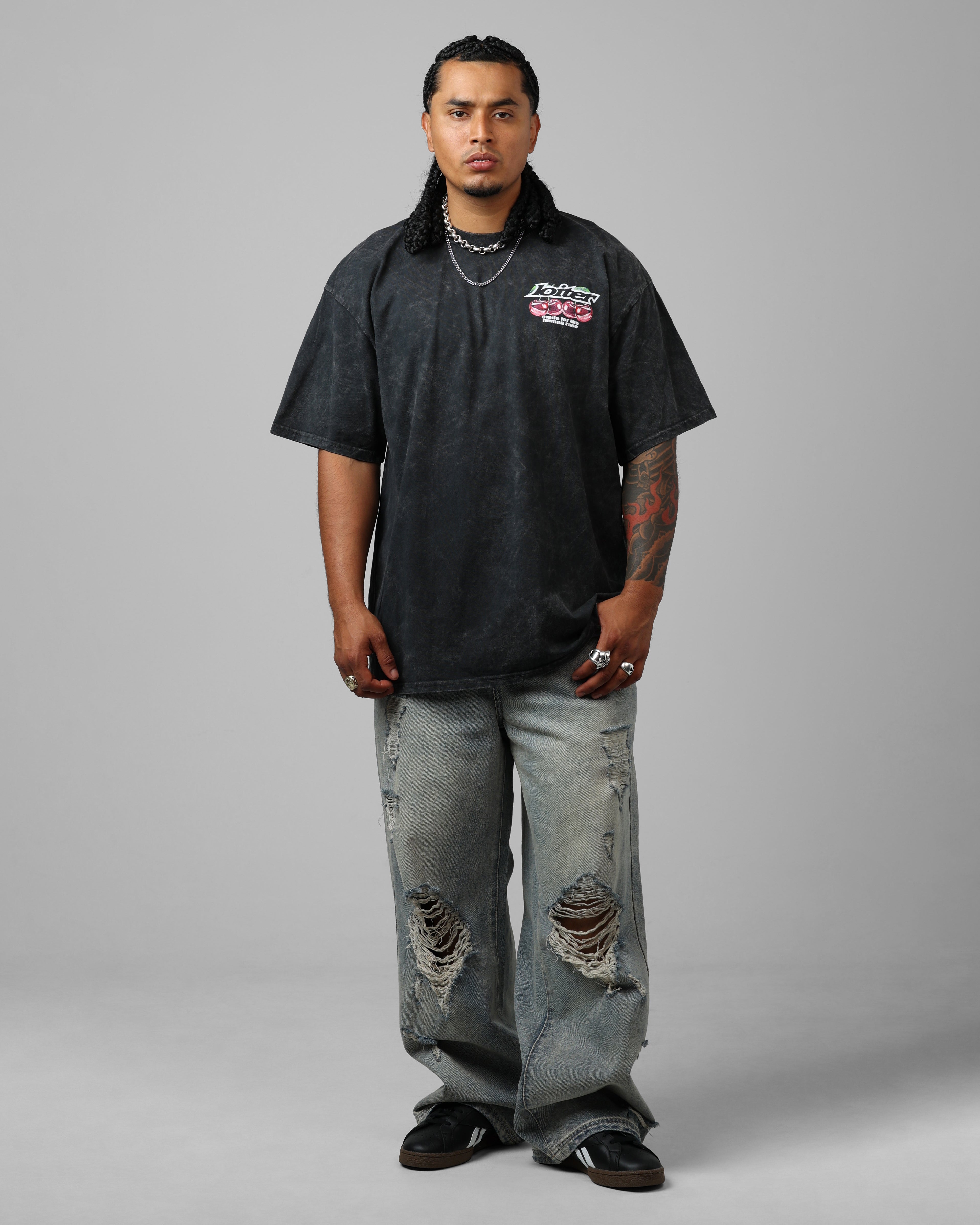 Loiter Cherry Pick Drop T-Shirt Black Acidwash、mySite、zt4zffjzw