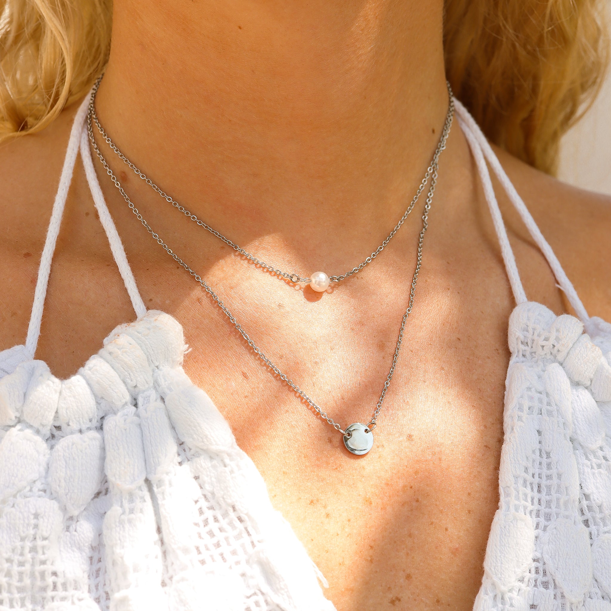 18K Gold PVD Stainless Steel Pearl and Blank Disk Layered Charm Necklace / CHN0004、mySite、dreamappss