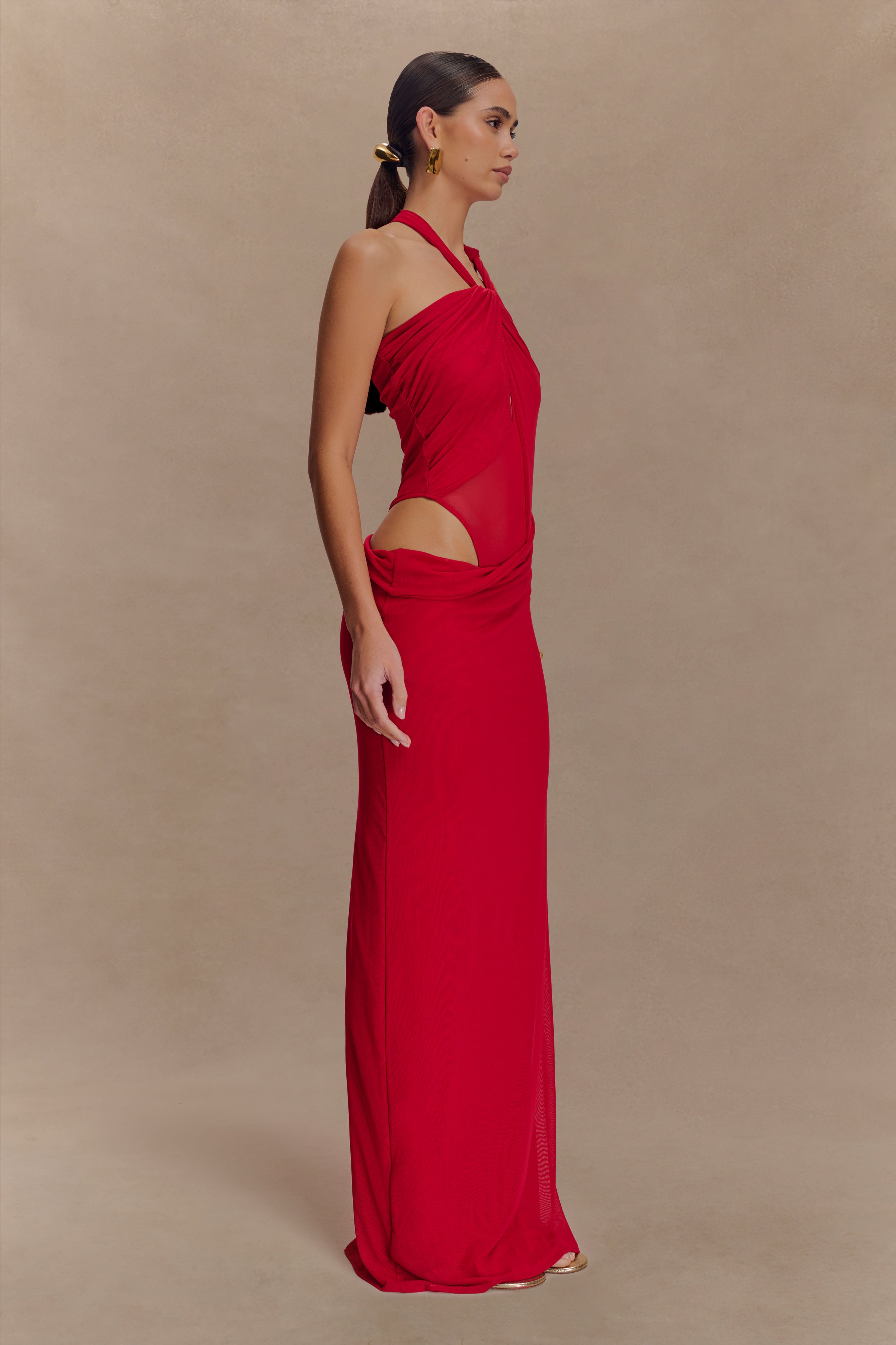 Edwina Knotted Mesh Maxi Dress - Red、mySite、solidvoid