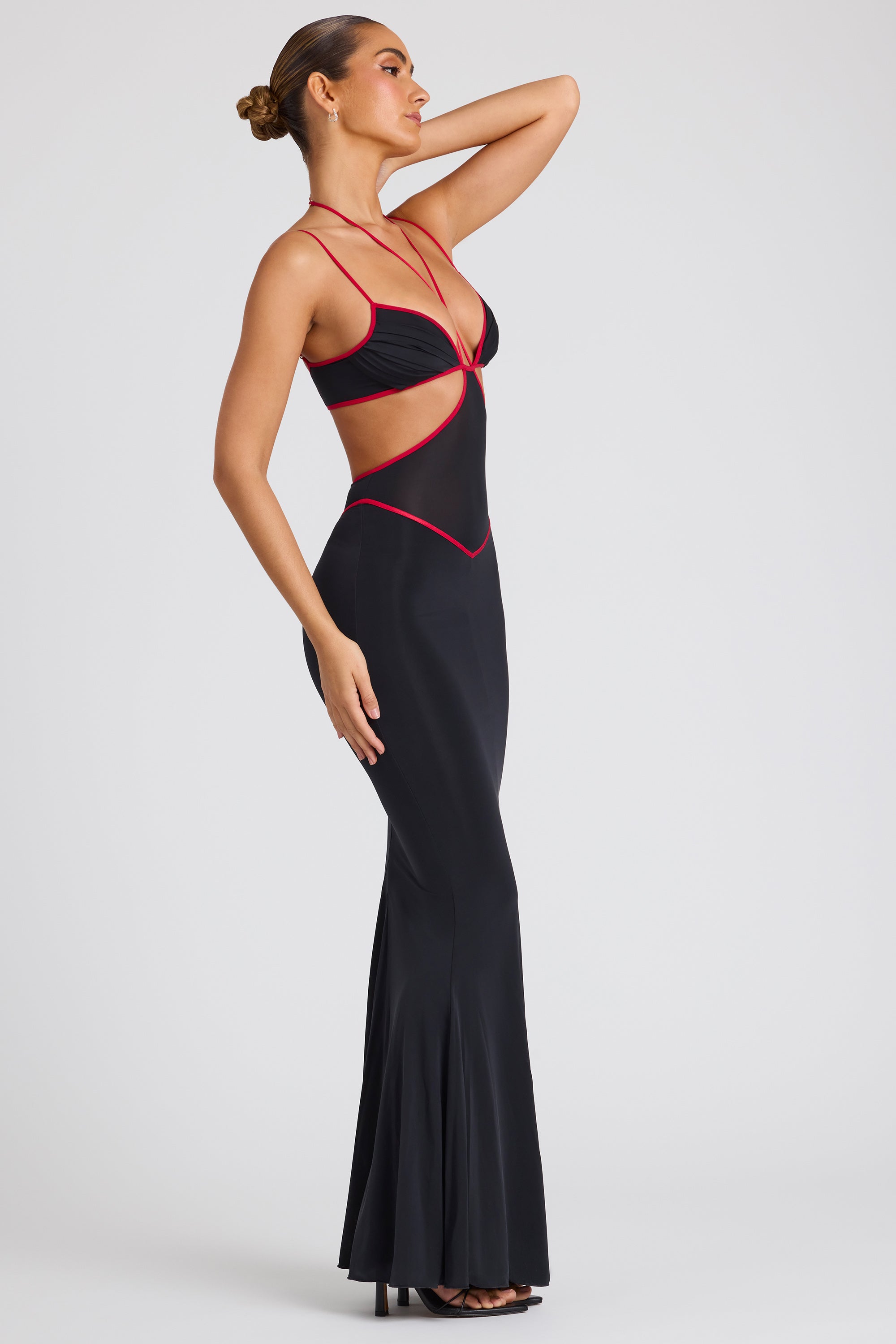 Contrast Binding Cut Out Evening Gown in Black、mySite、solidvoid