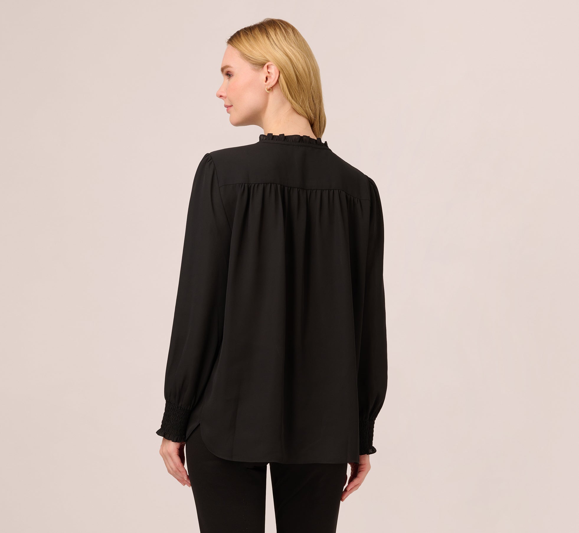 Ruffle Tie Neck Top With Smocked Long Sleeves In Black、mySite、solidvoid