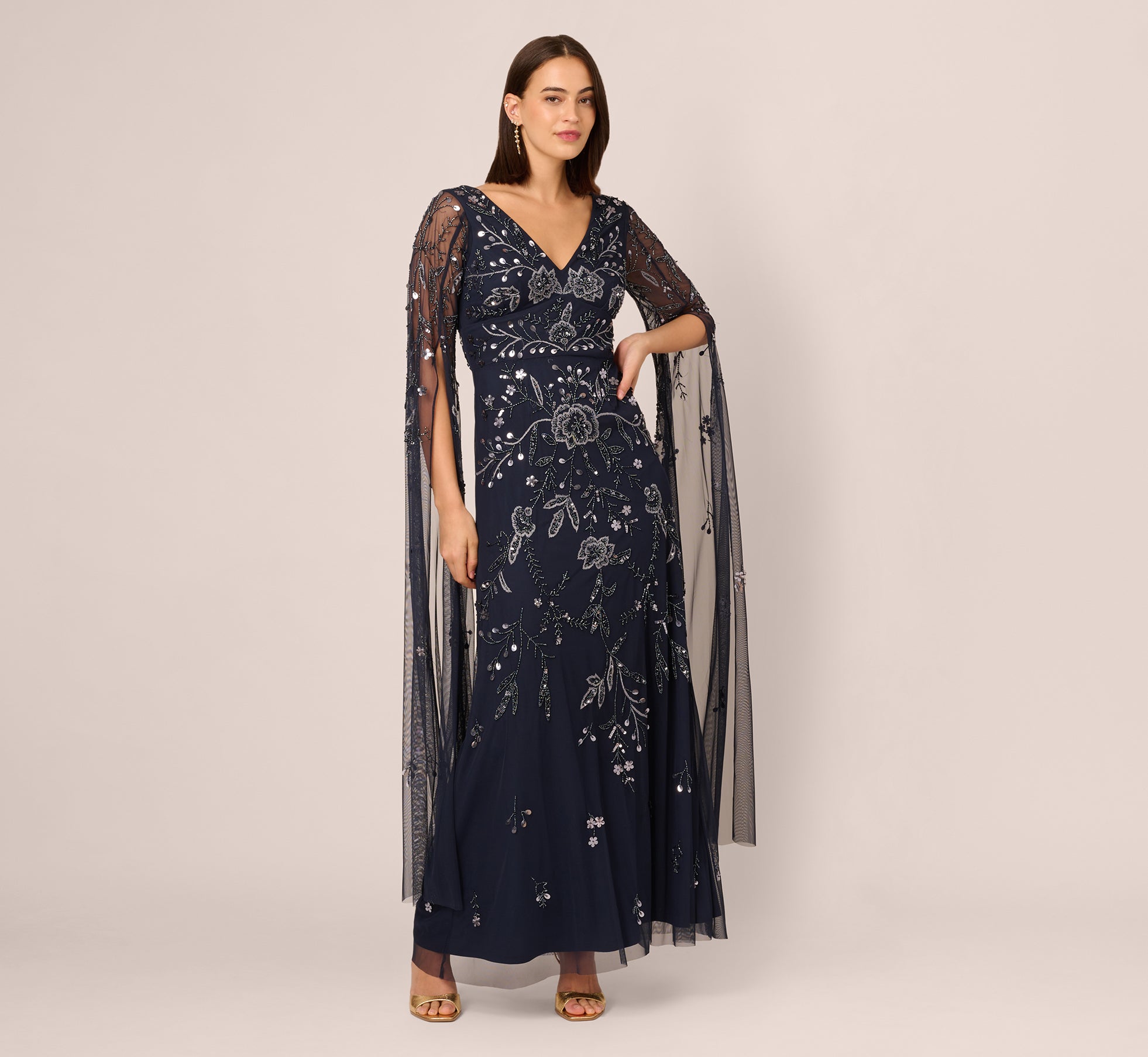 Split Sleeve Floral Beaded Gown In Navy Gunmetal、mySite、solidvoid