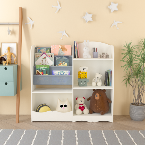 Kids Bookcase and Bookshelf, Multifunctional Bookcase with 3 Collapsible Fabric Drawers, Bookcase Display Stand, Toy Storage Organizer for Bedroom, Playroom, Hallway (White/Pink)、、casual