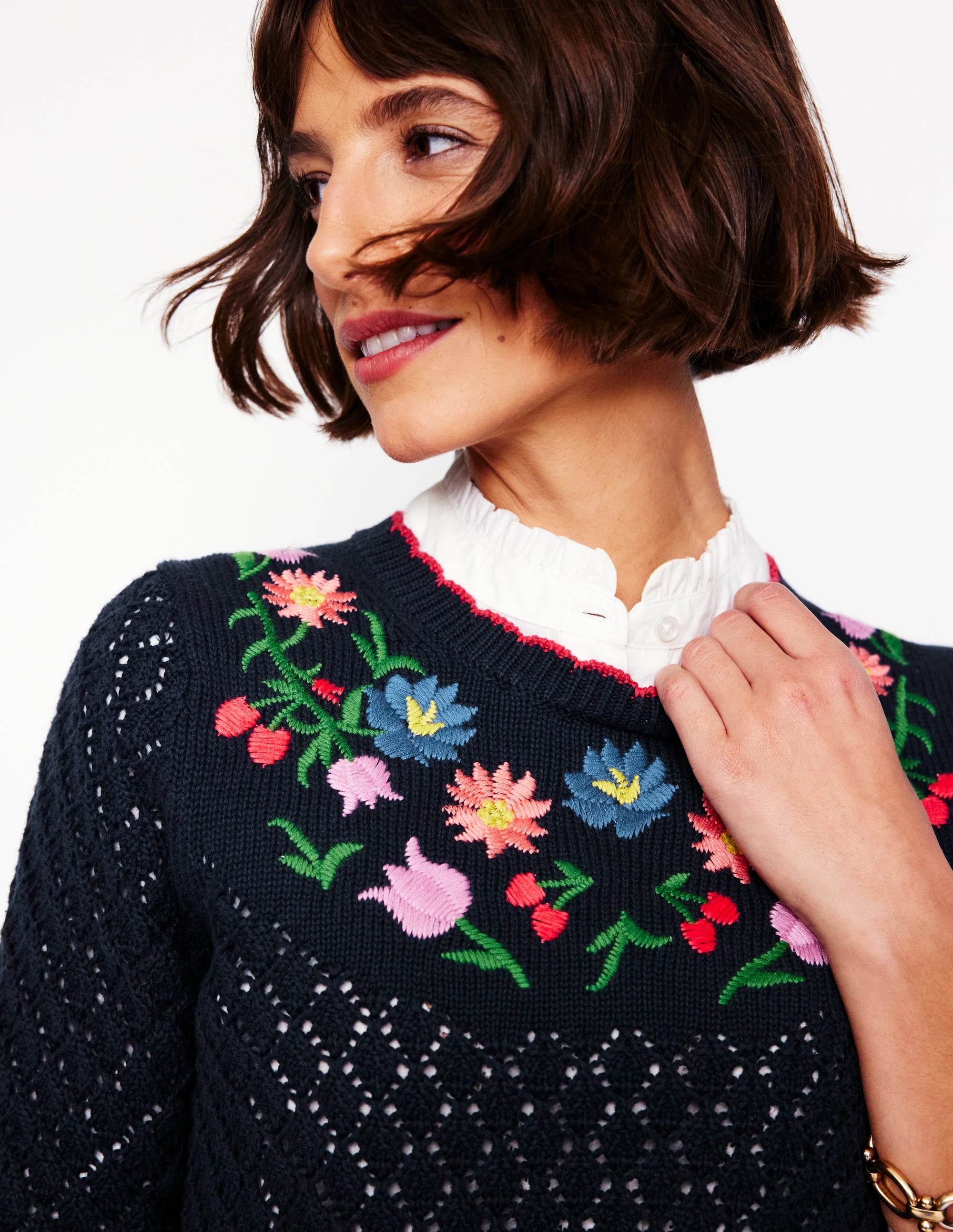  Embroidered Cotton Sweater-Navy、mySite、ashleygrahame