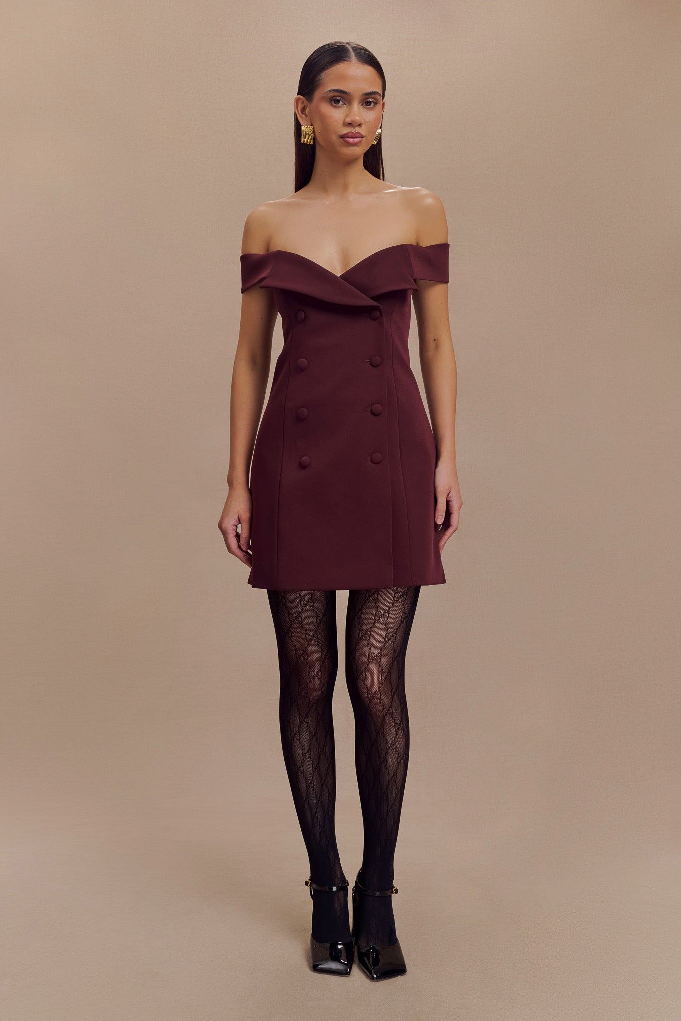 Noelle Off Shoulder Suiting Mini Dress - Mahogany、mySite、solidvoid