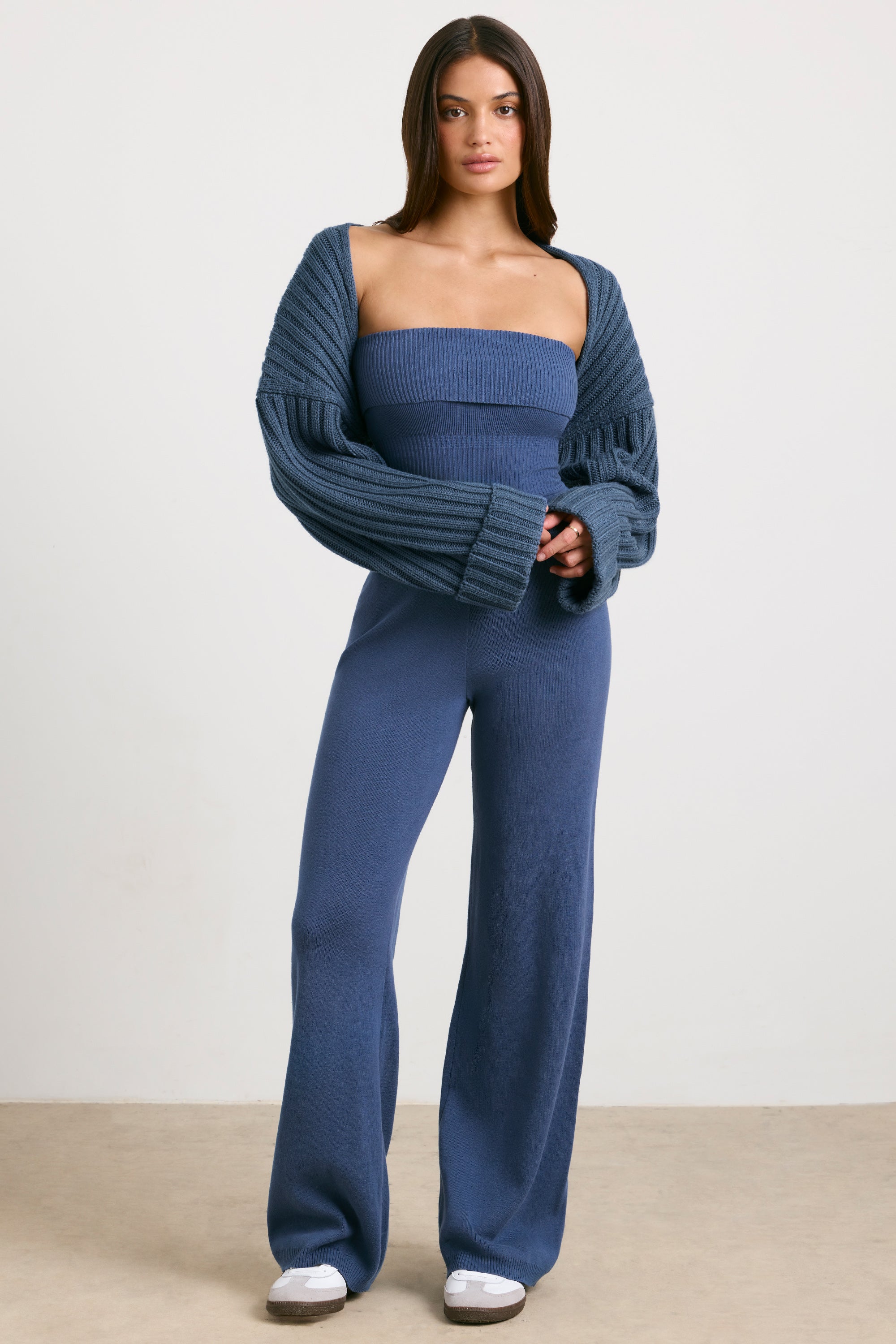 Chunky Knit Kick Flare Unitard in Washed Navy、mySite、solidvoid